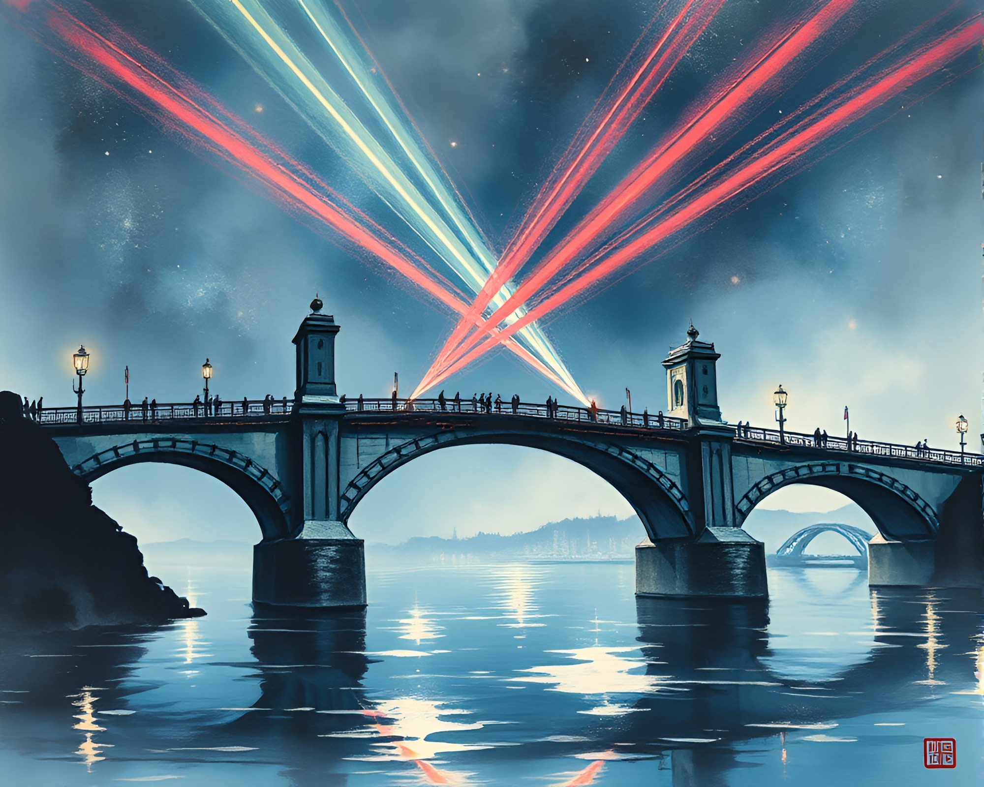Holographic Arch Bridge with Laser Beam Elements – free AI stock image