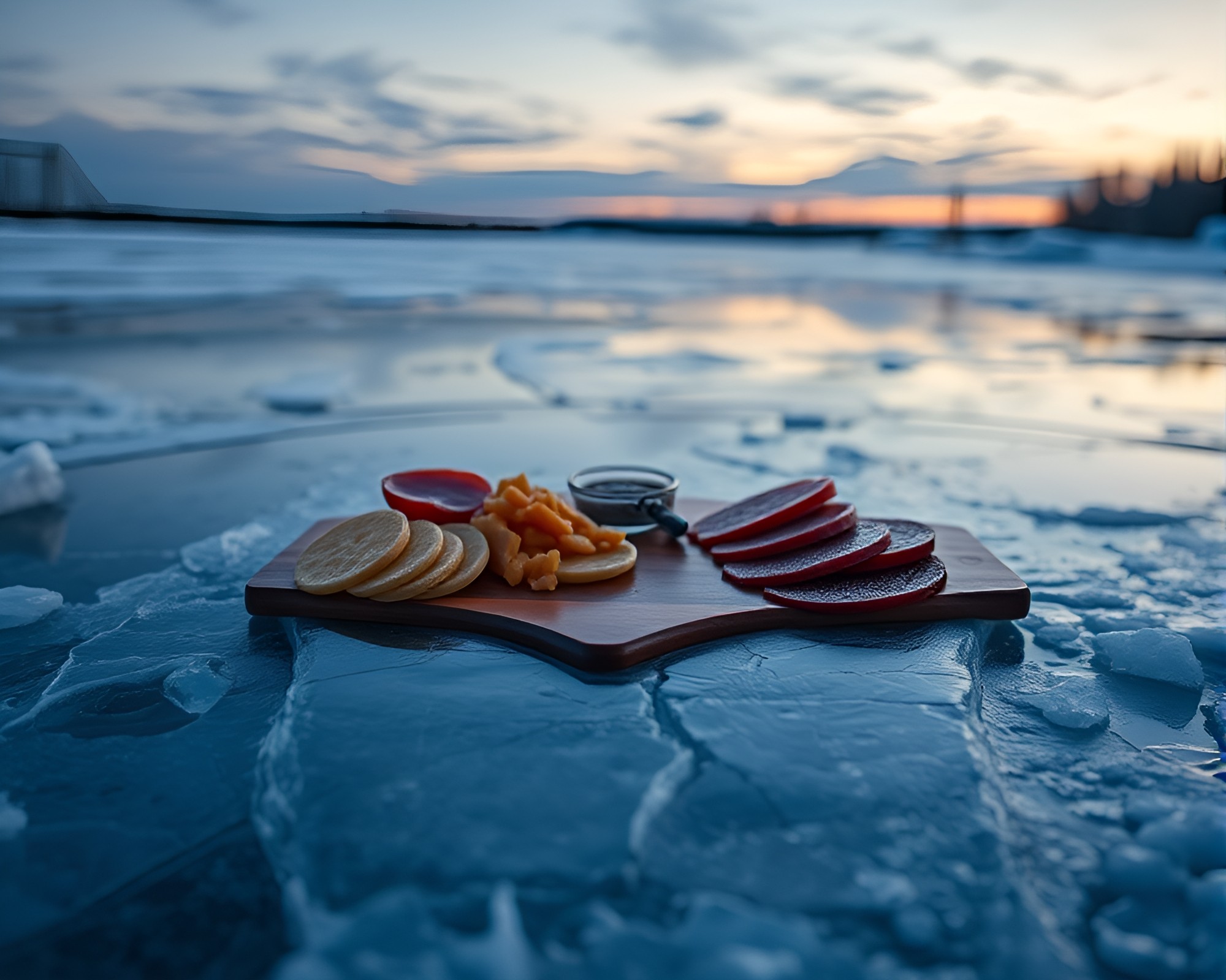 Twilight Blue Hour Charcuterie Board on Ice Reflection Cracks – free AI stock image