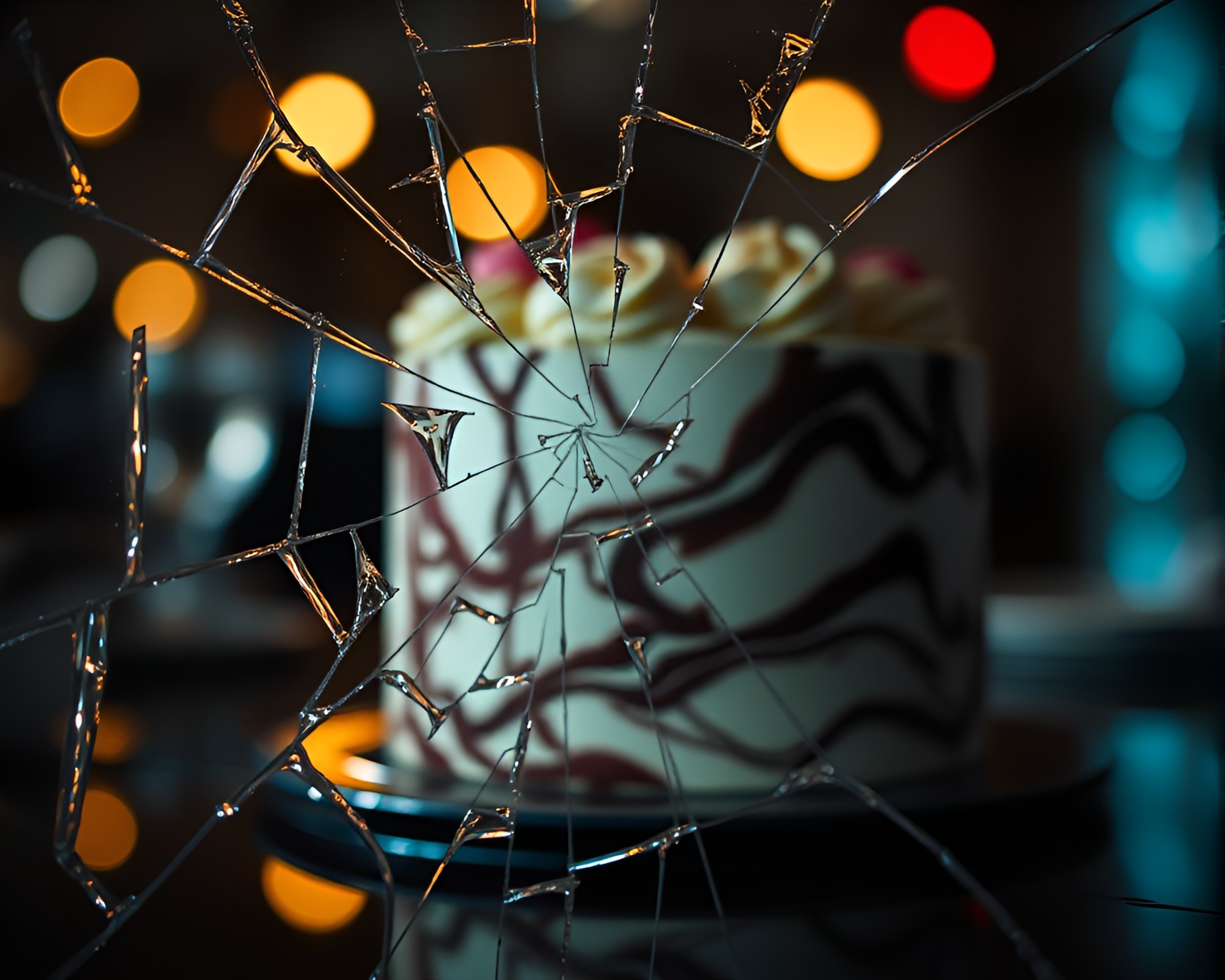 Ethereal Marbled Cake Reflection in Broken Glass – free AI stock image