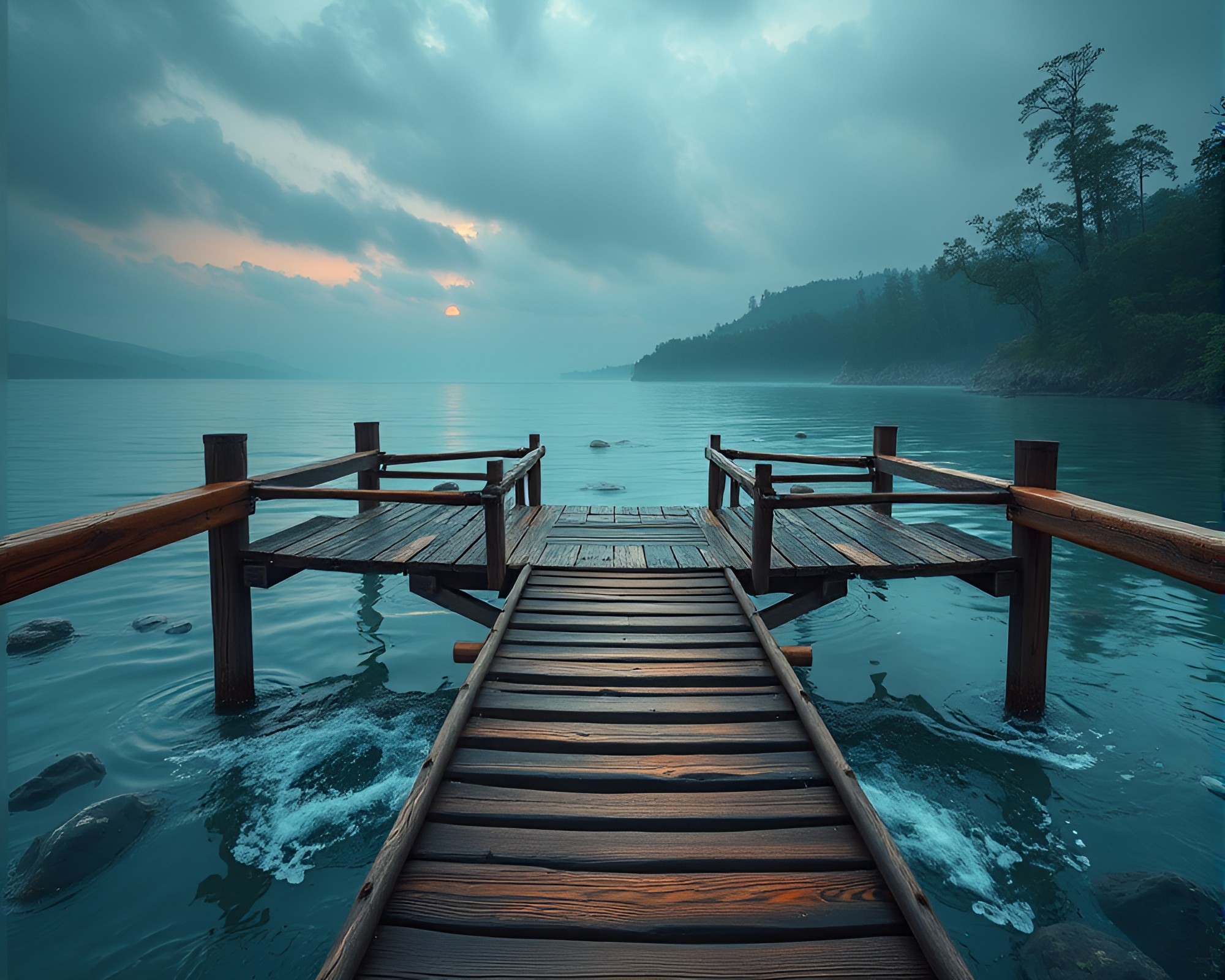 Retro Wooden Bridge Over Water Whirlpool – free AI stock image
