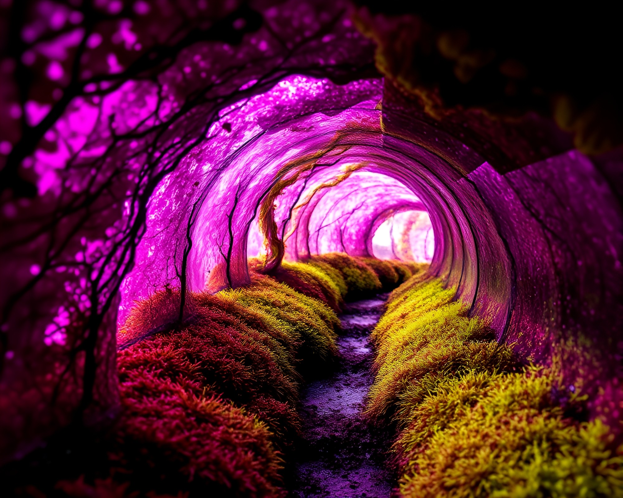 Engraved Moss Growth in Magenta Glass Tunnel – free AI stock image