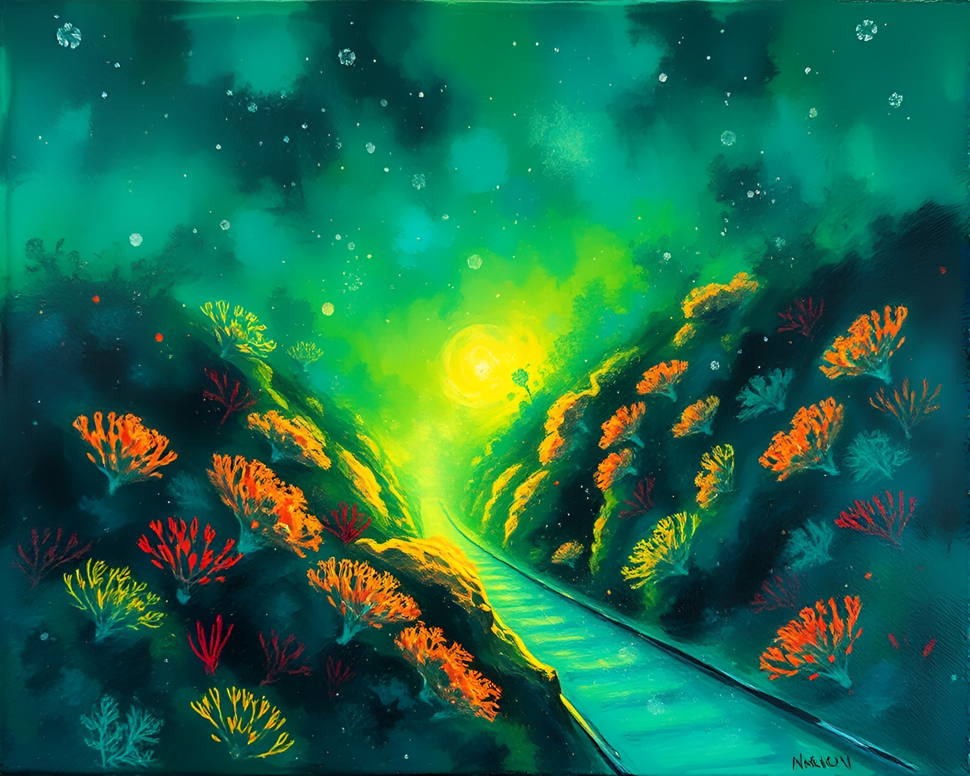 Underwater Train Light Trails in Palette Knife Painting Style – free AI stock image