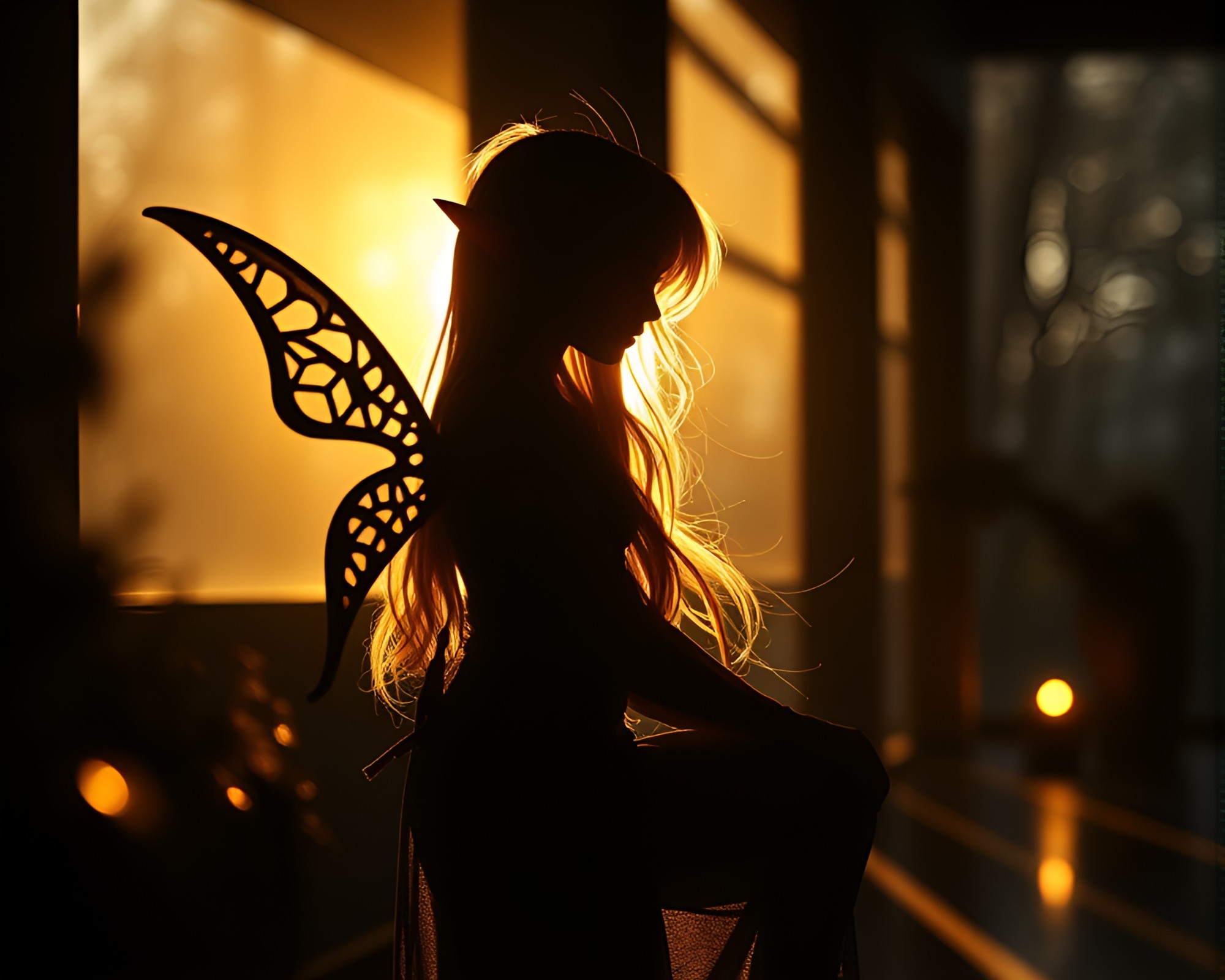 Elven Reflection Silhouette in Porchlight – free AI stock image