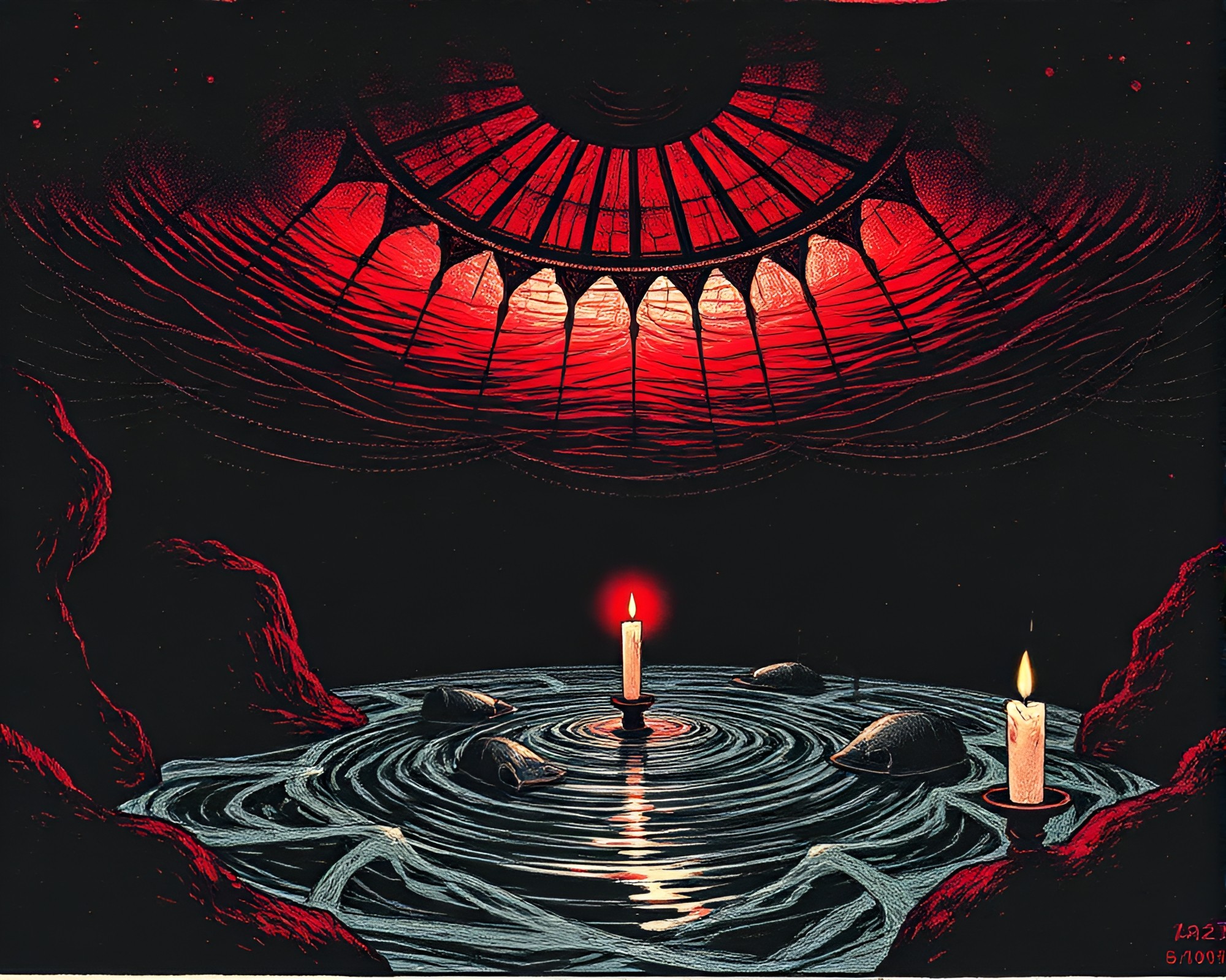 Monochrome Red Underwater Dome Linocut Scene – free AI stock image