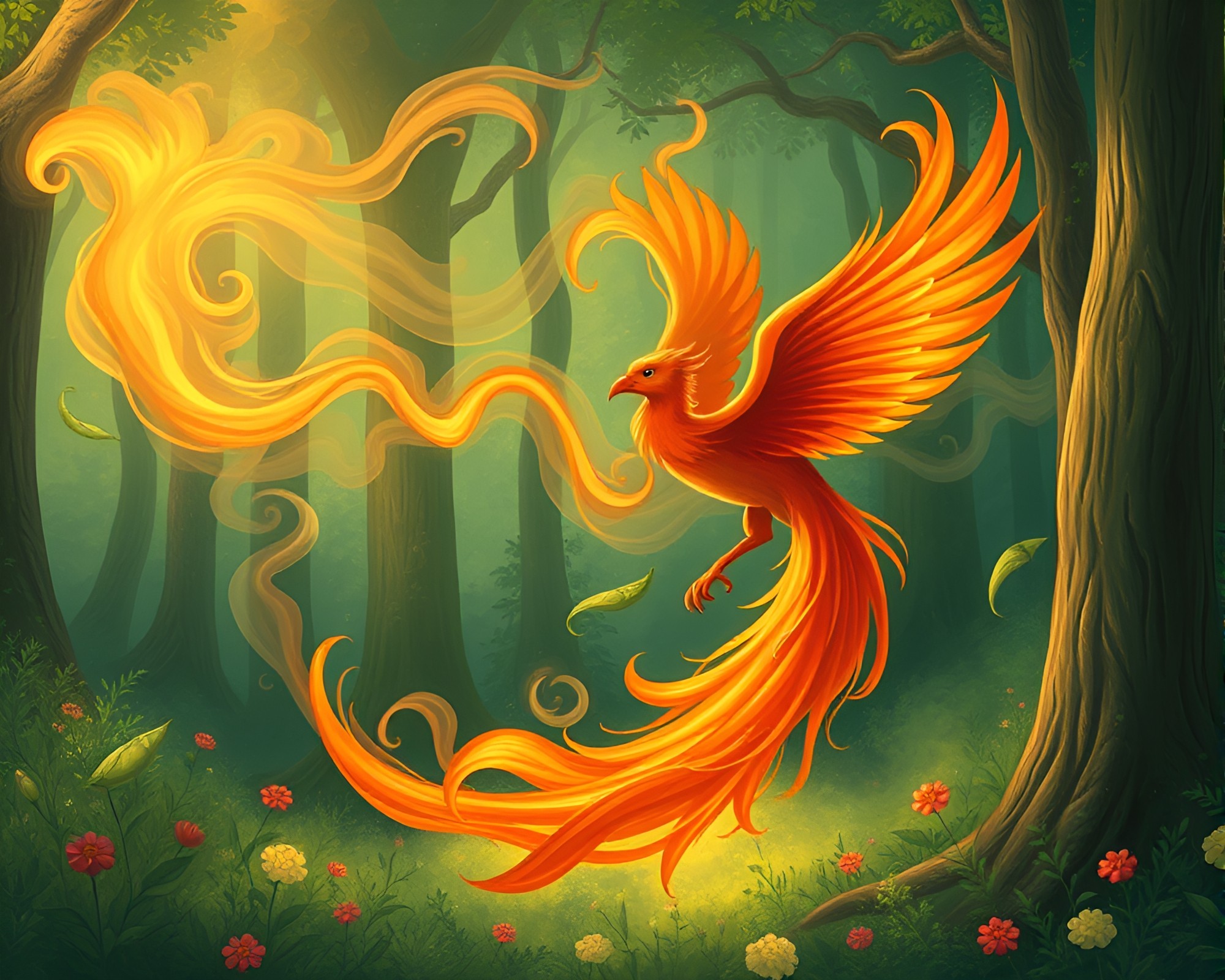 Phoenix Rising in Enchanted Green Forest – free AI stock image