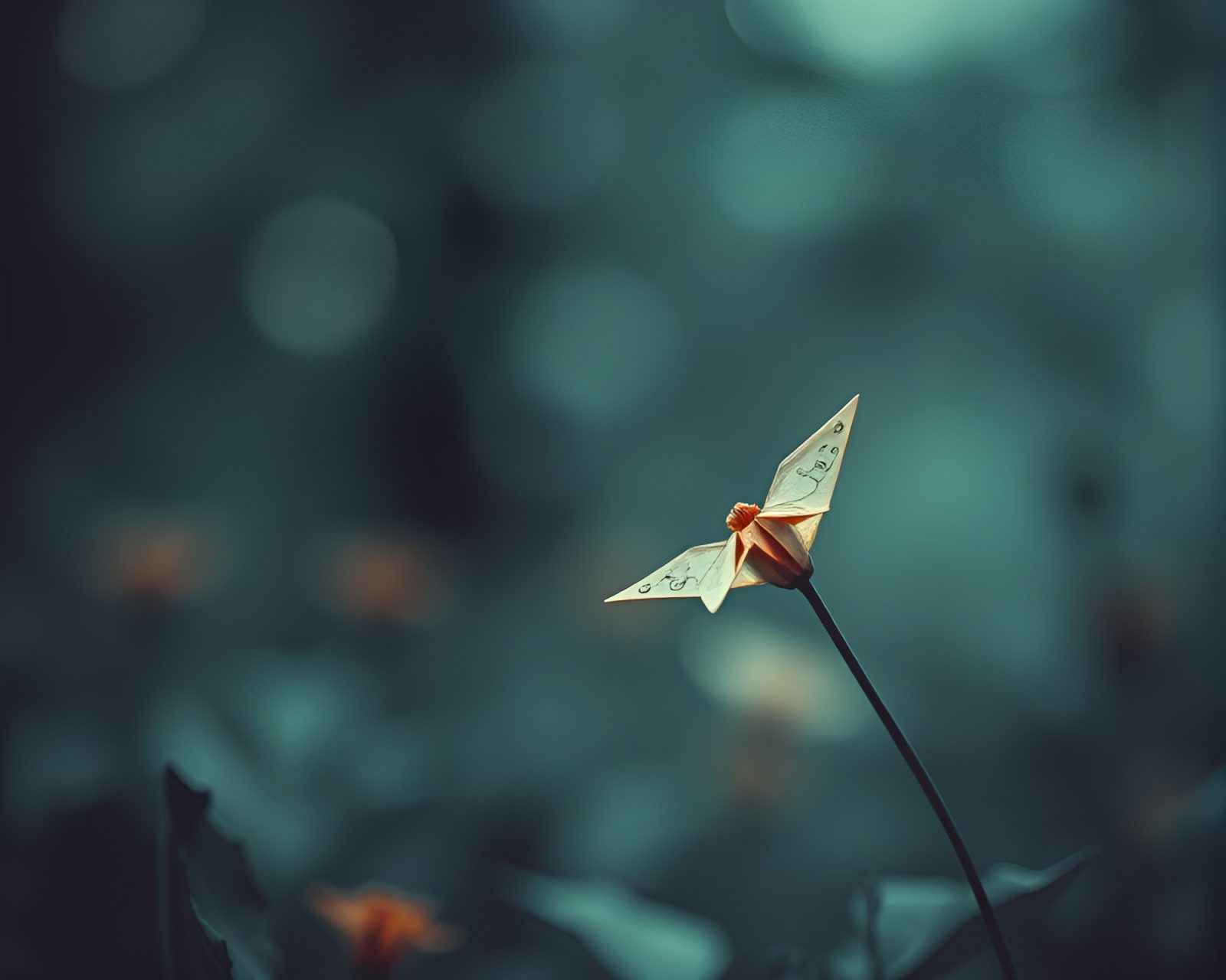 Serenely desaturated watercolor painting of wildlife with origami flower in foreground