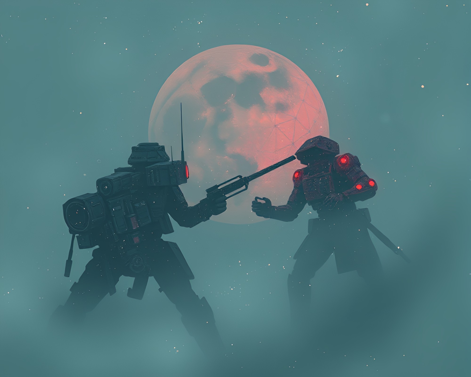 Mechanical Battle in Foggy Geometric Grid – free AI stock image