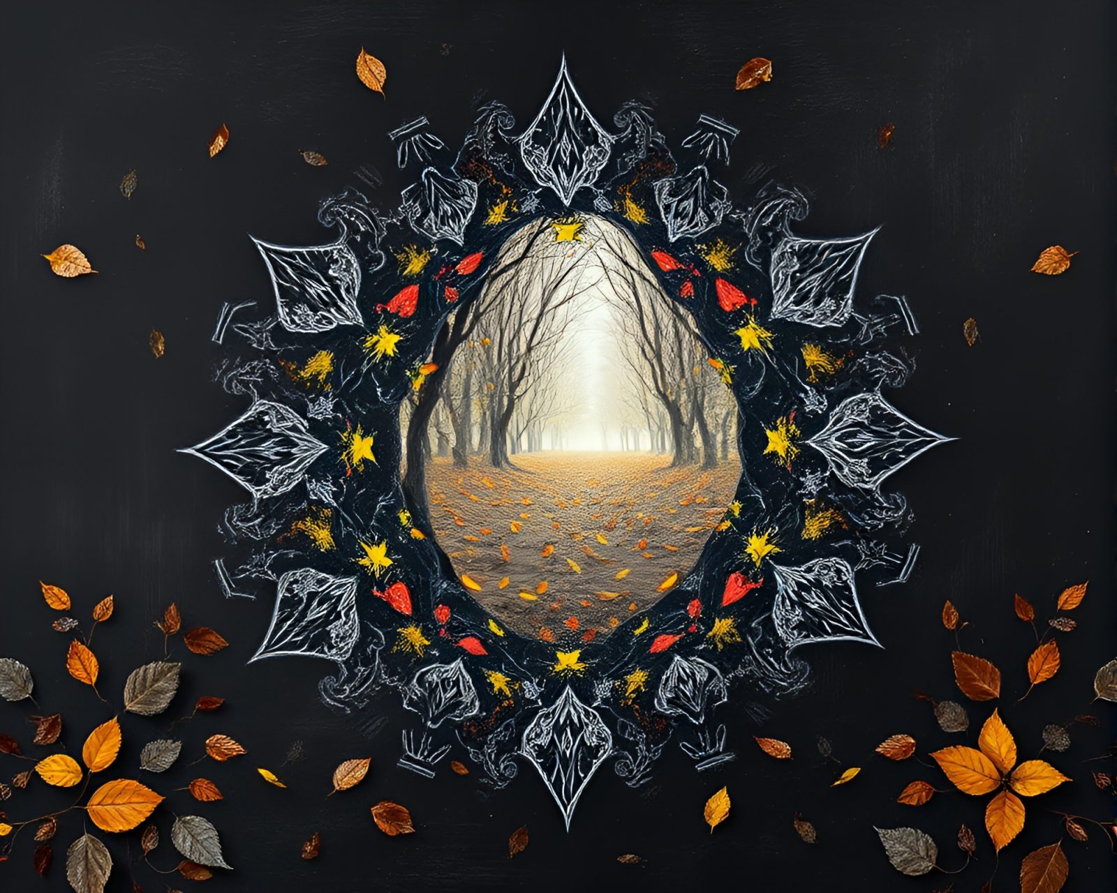 Colorful kaleidoscope effect on chalkboard drawing of dimensional rift