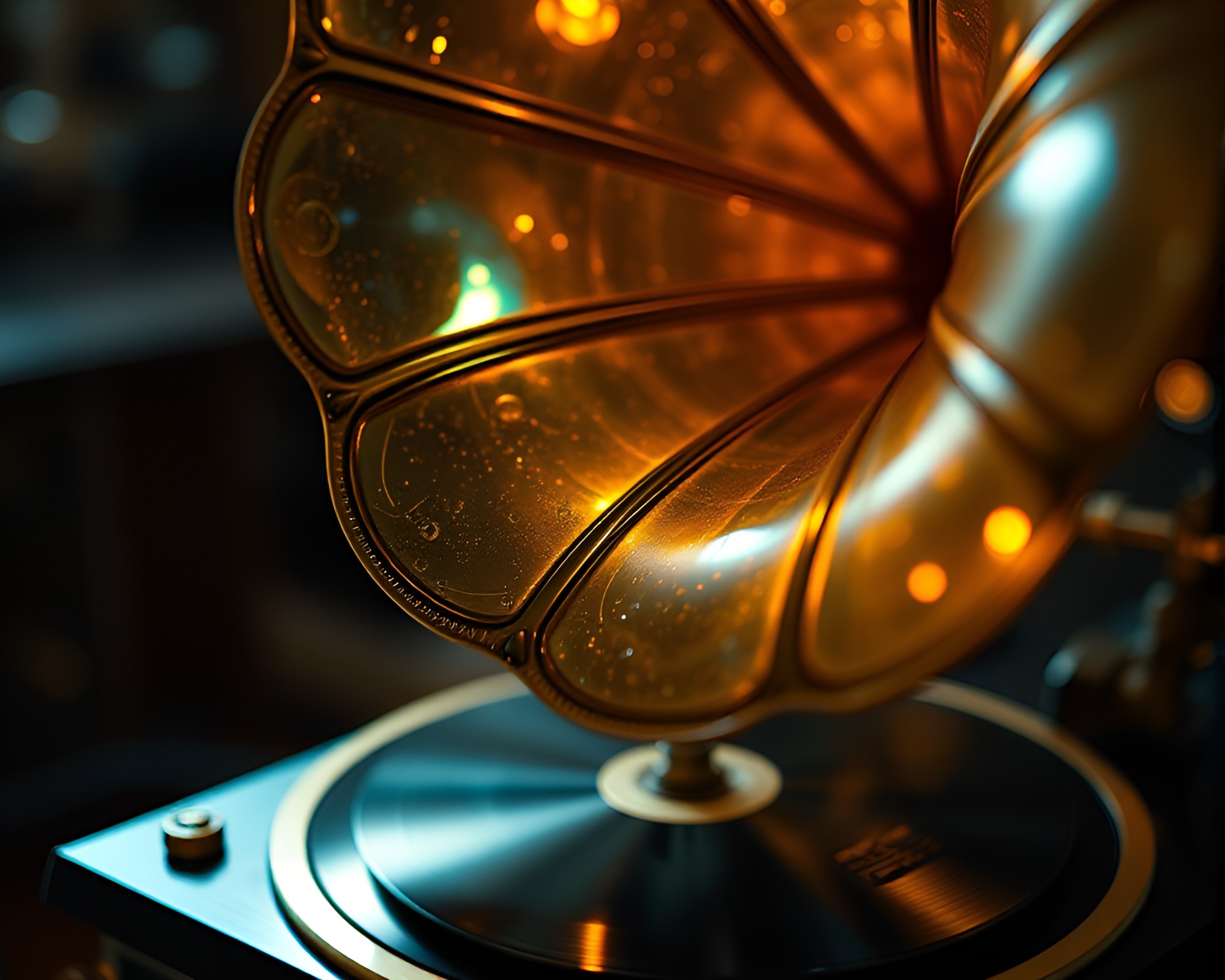 Steampunk Gramophone with Holographic Sheen Close-Up – free AI stock image