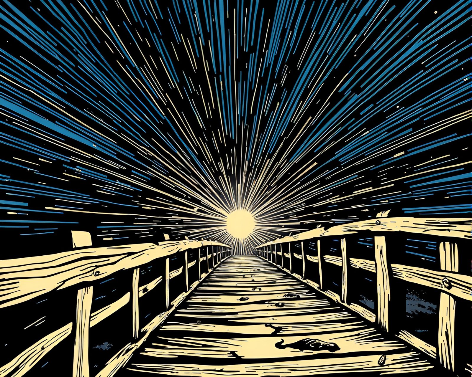 Serene wooden bridge under lens flare bursts in vortex twist