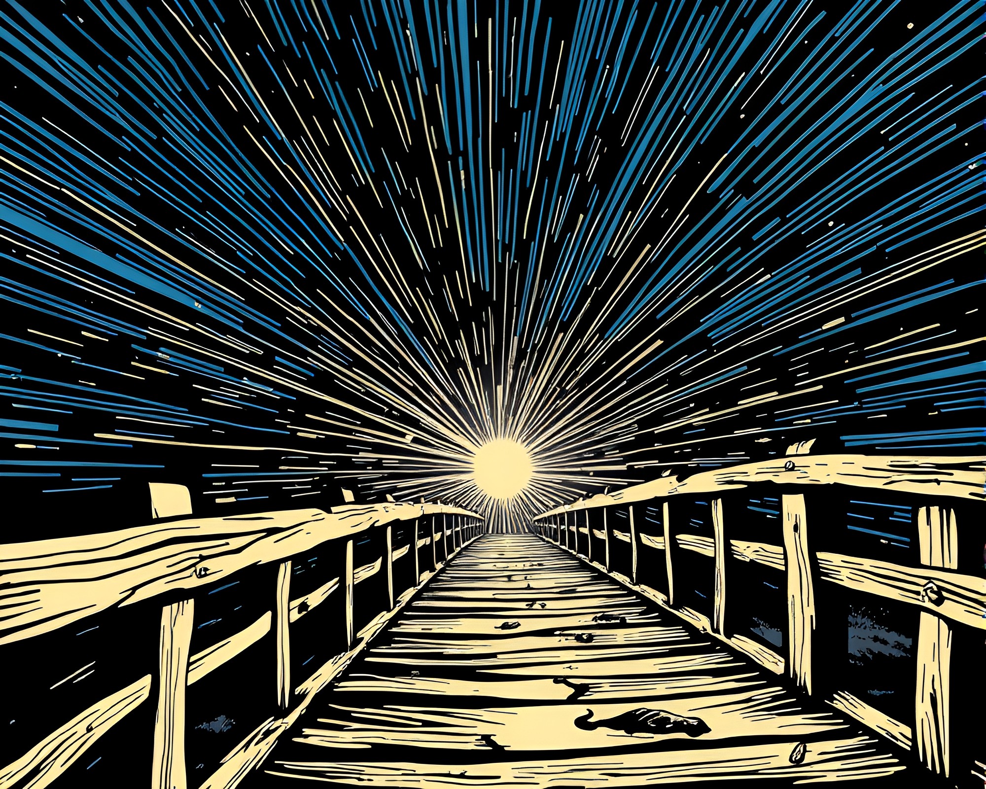 Enchanted Wooden Bridge in Vortex Twist Woodcut – free AI stock image