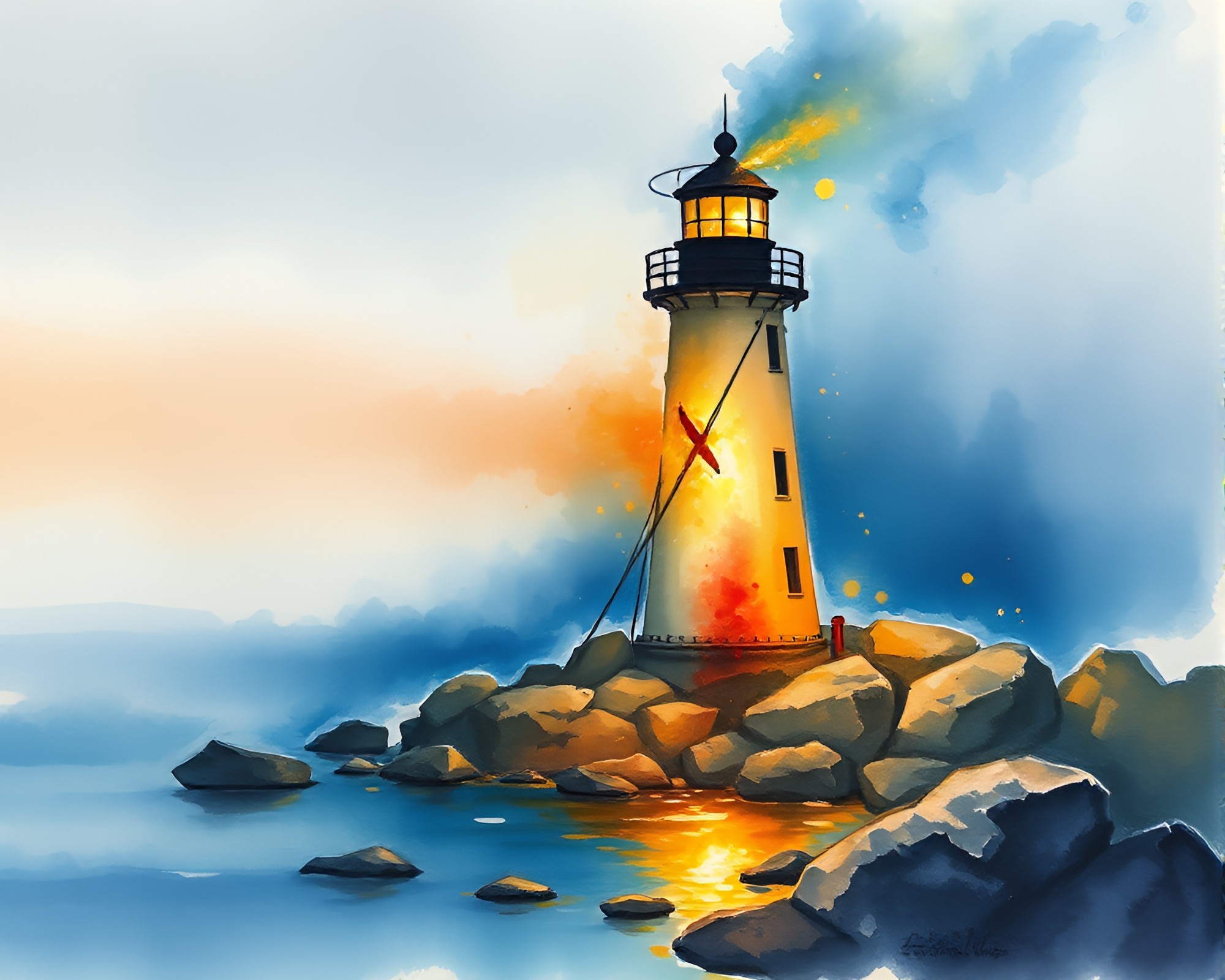 Lighthouse Gasping Flames Embrace Watercolor Chaos – free AI stock image