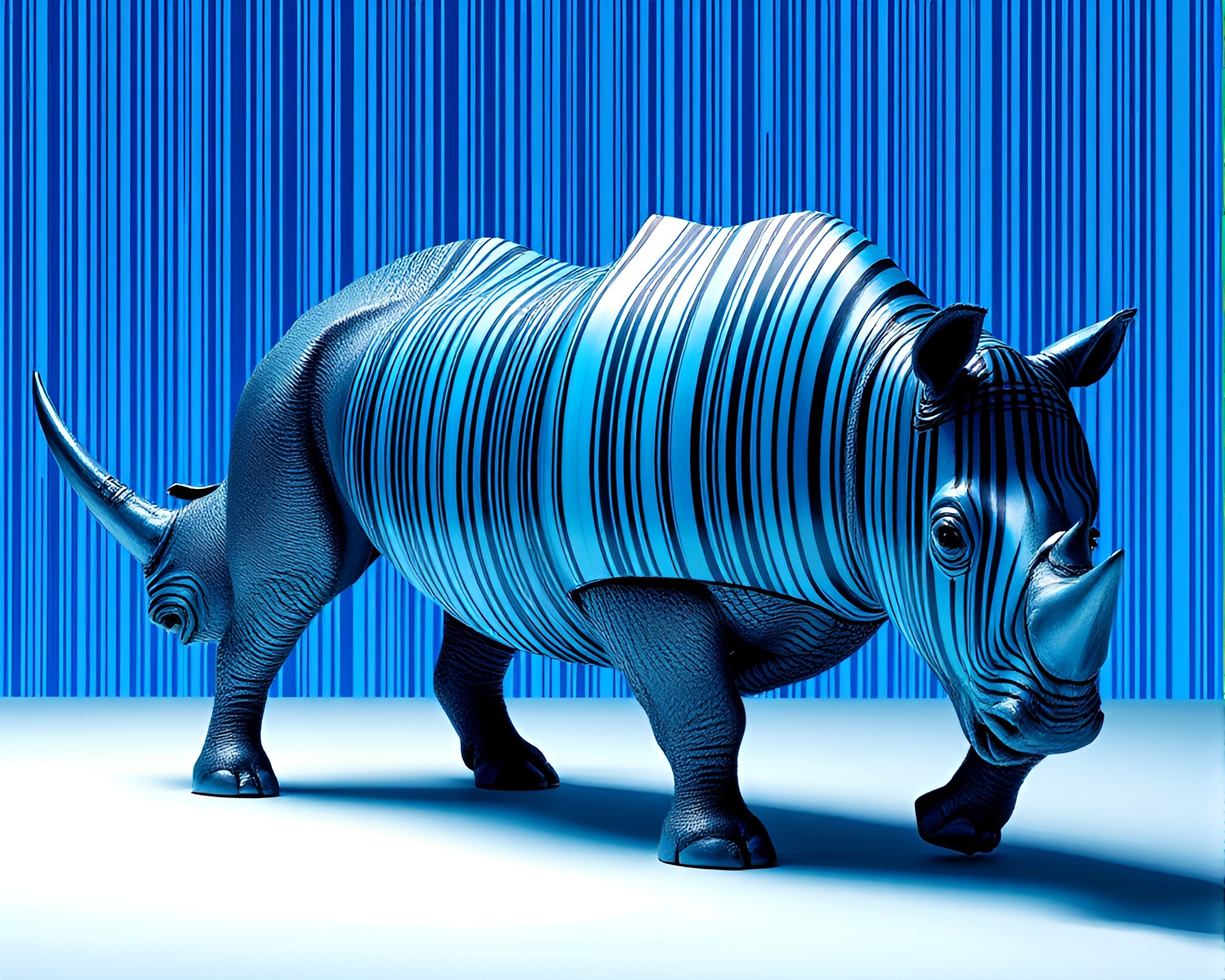 Utopian Rhinoceros in Steel-Blue Barcode Jungle – free AI stock image