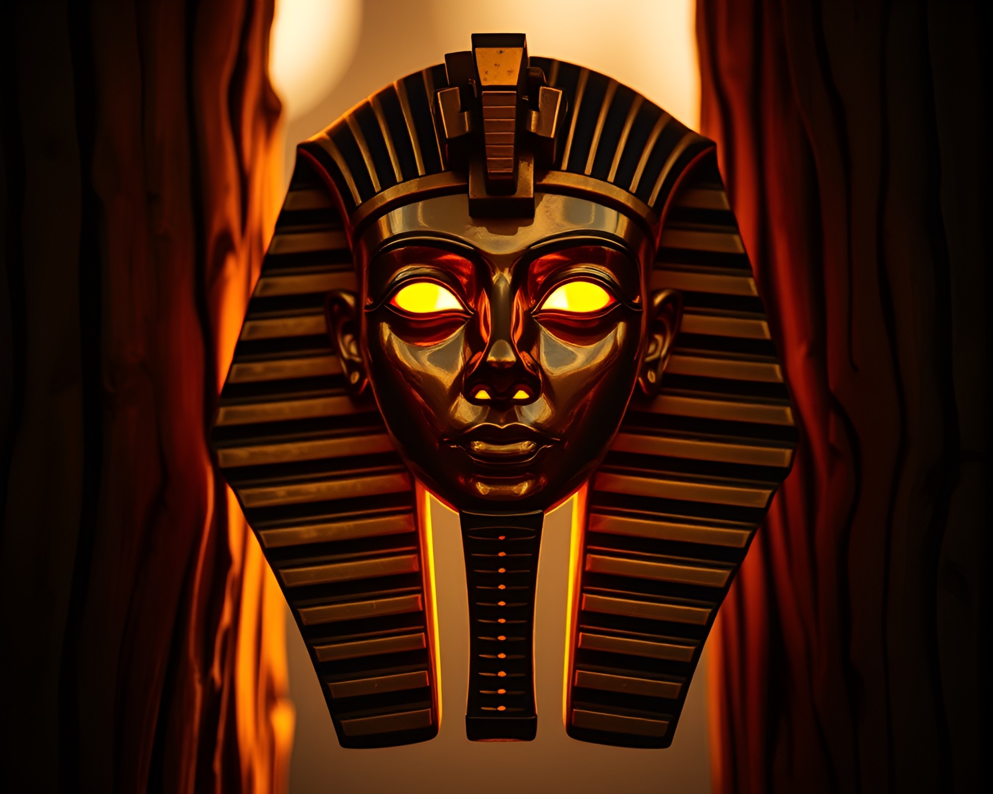 Pharaoh’s Mask Silhouetted in Golden Wood Grain Sunset – free AI stock image
