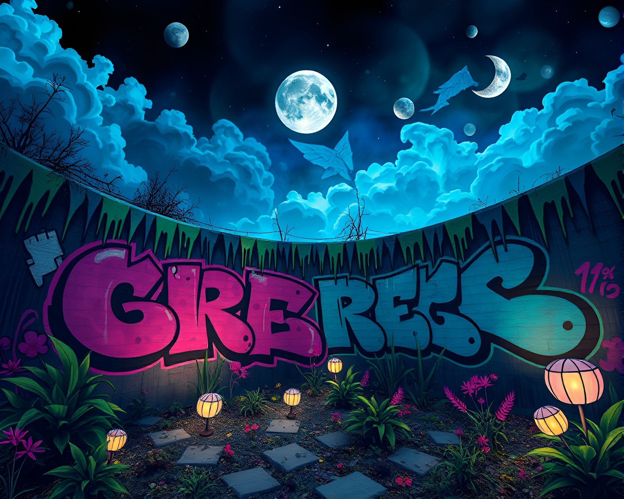 Necromantic Sky Garden: Graffiti Drips and Origami Shadows – free AI stock image