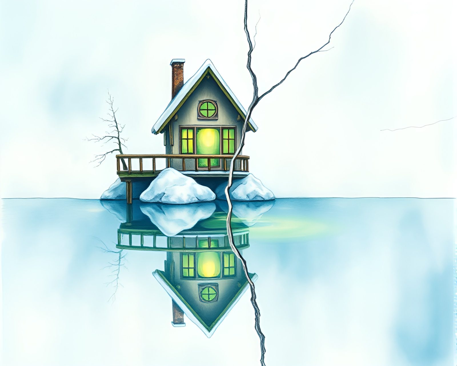Pastel drawing of a treehouse reflected in an ice crack