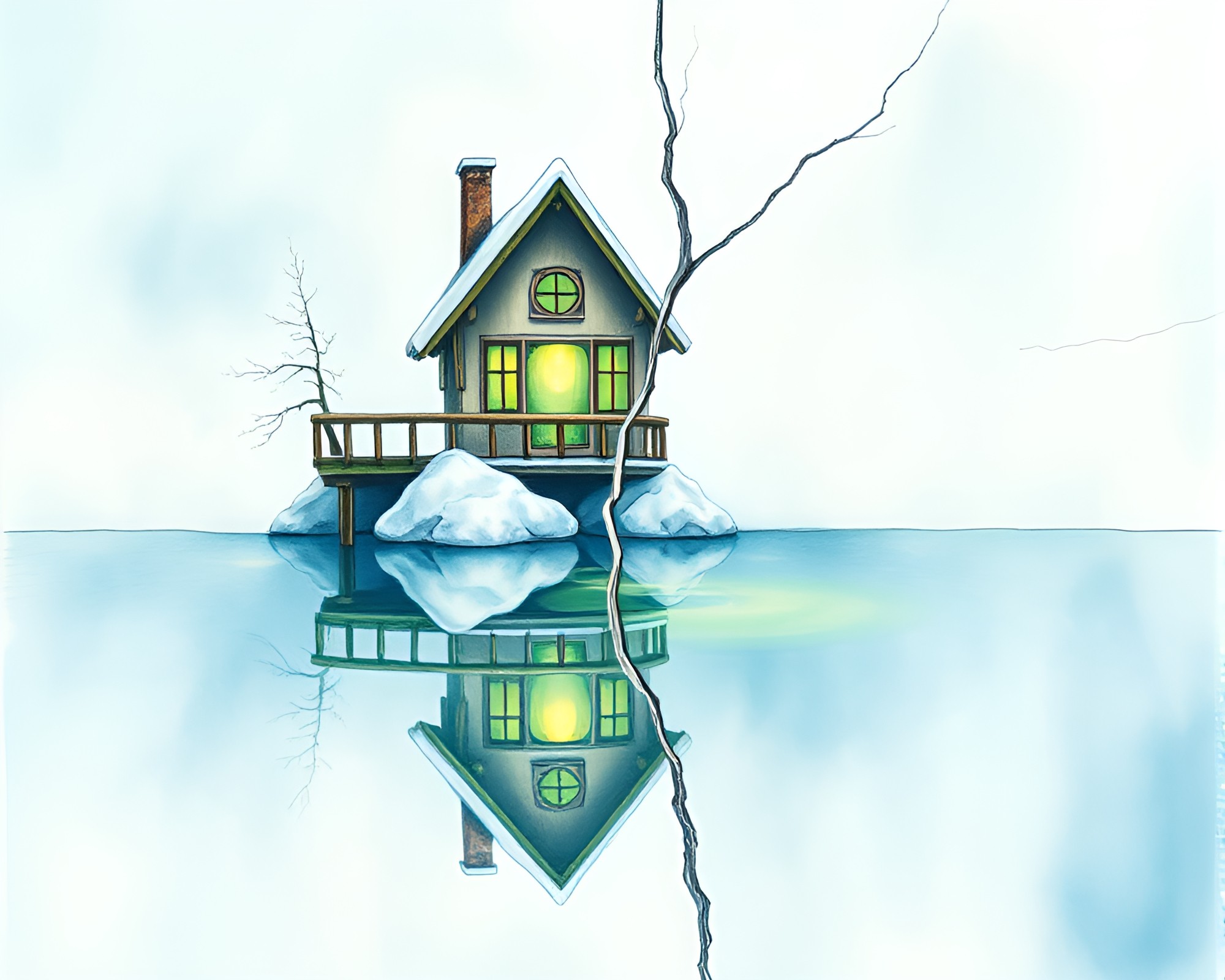 Enchanting Treehouse Reflecting in Ice Crack – free AI stock image
