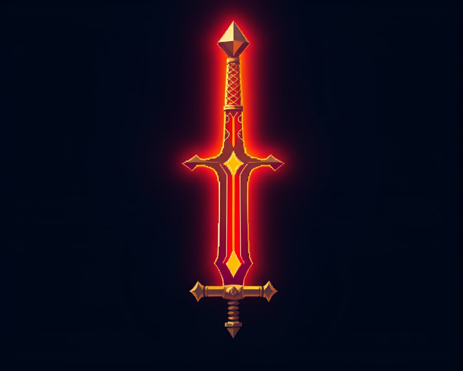 Pixelated sword glowing with topaz light in digital universe