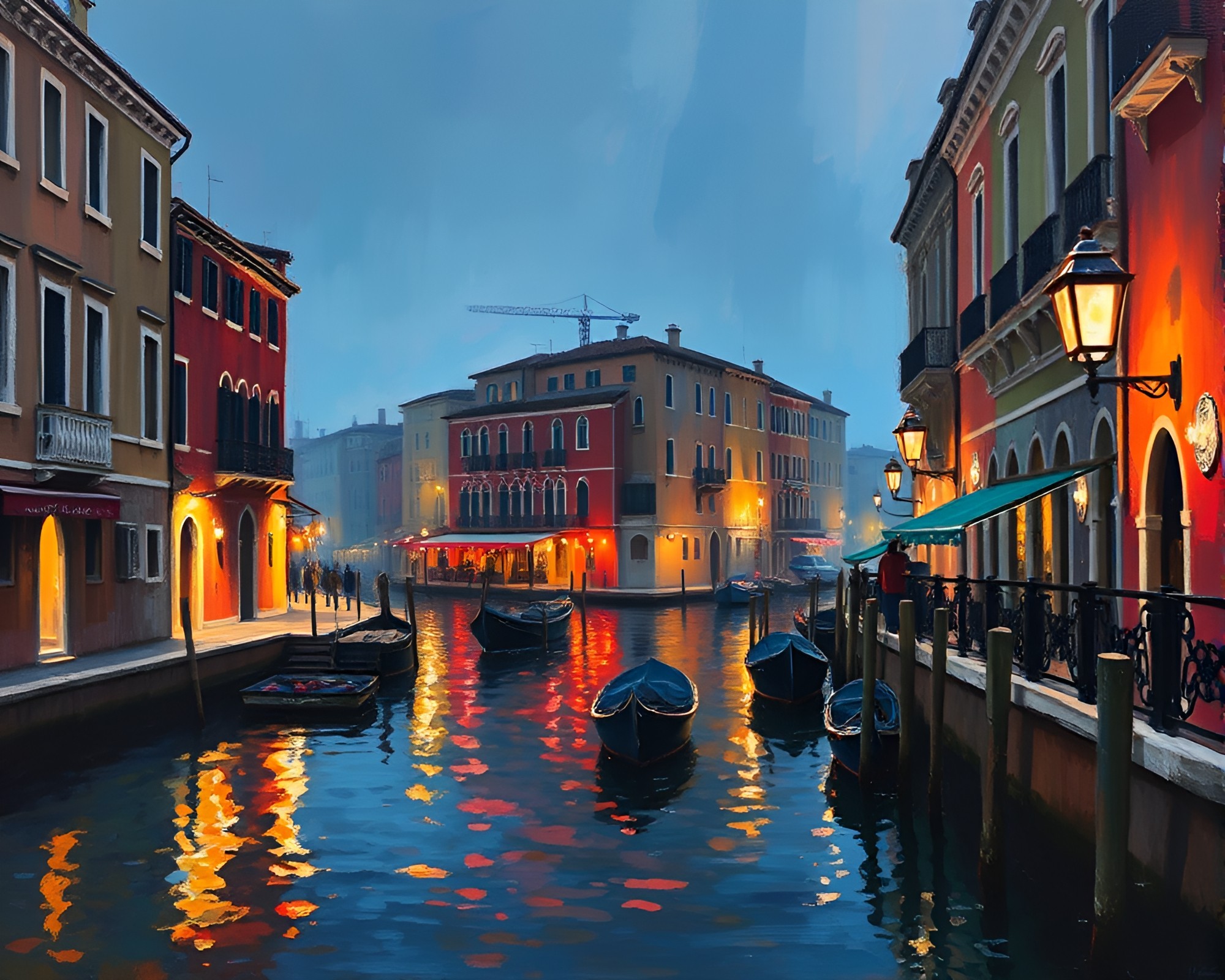 Glowing Venetian Canal at Night Palette Knife Painting – free AI stock image