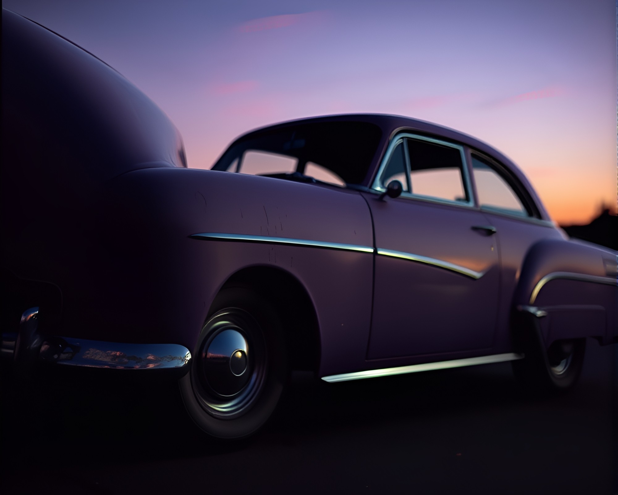 Vintage Car in Lavender Twilight with Scratch Textures – free AI stock image