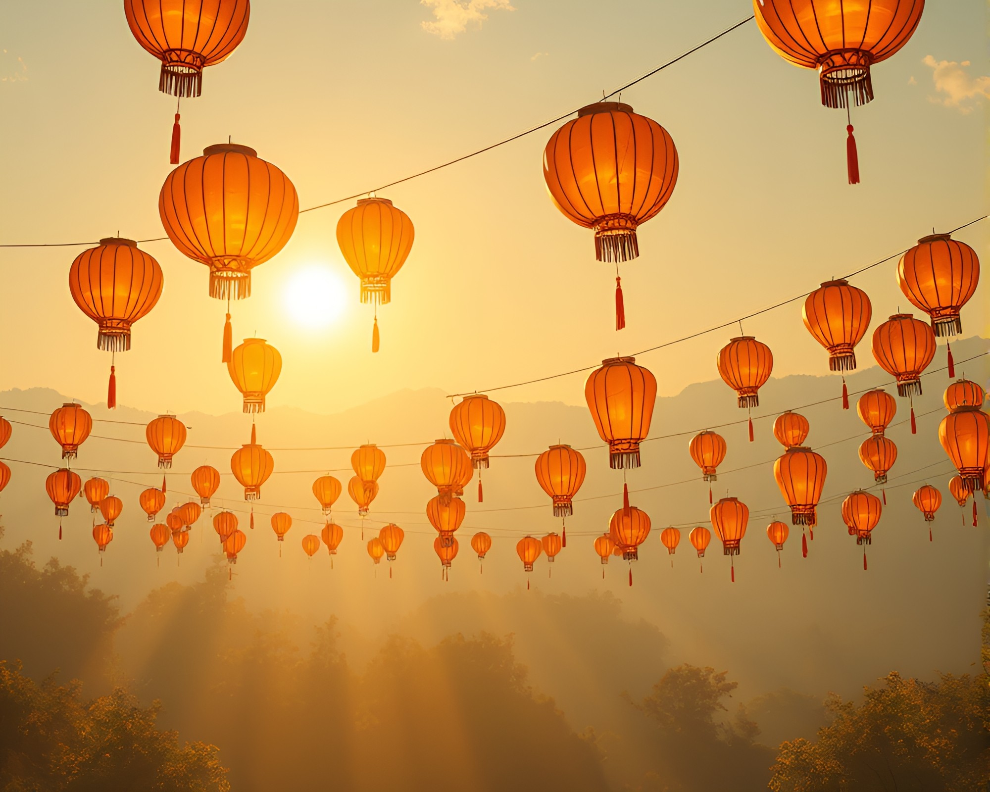Floating Lanterns in Morning Op Art Sun Glare – free AI stock image