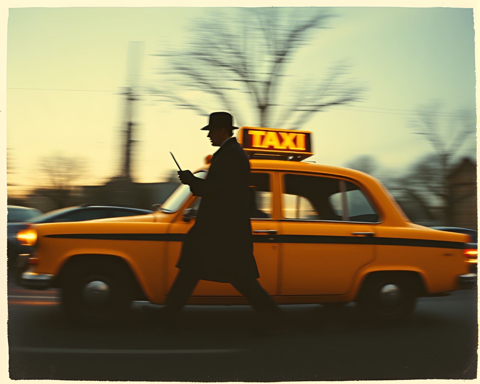 Vintage Sherlock Holmes chasing taxi in blurry medical illustration – free AI stock image