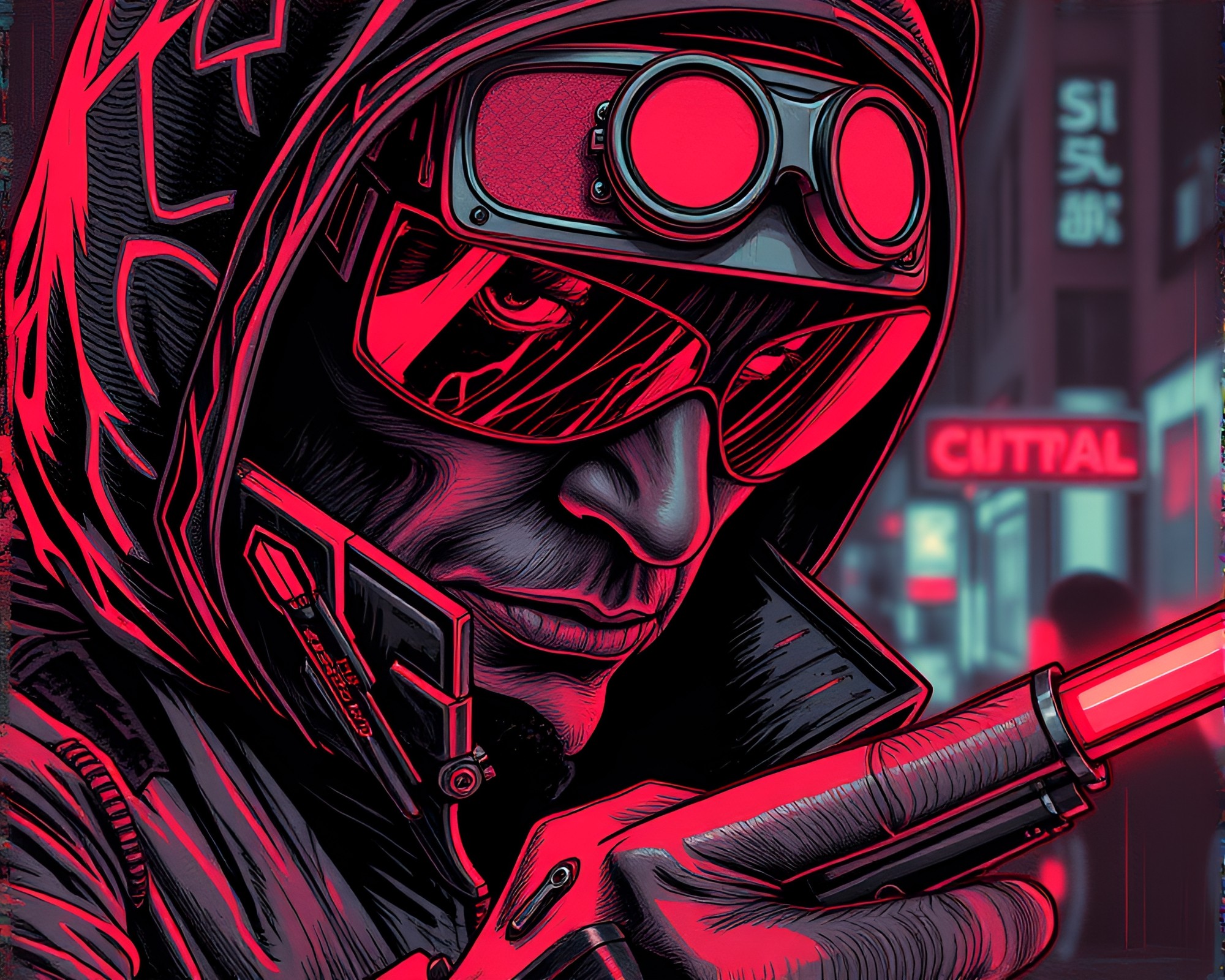 Cyberpunk Vigilante in Infrared Line Art – free AI stock image
