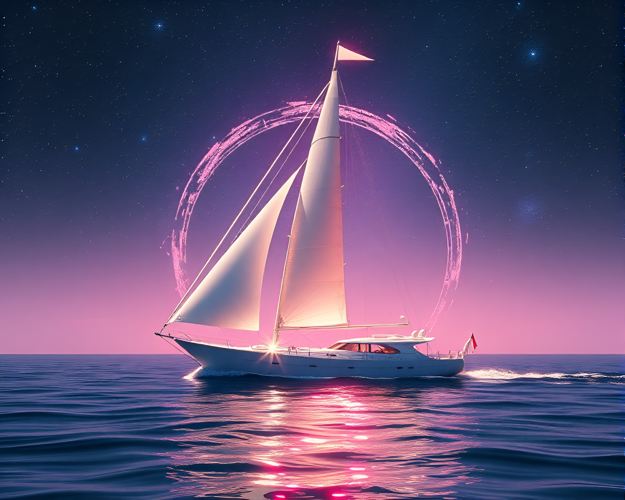 Fibonacci Spiral Solar Sailboat in Synthwave Dreamscape – free AI stock image