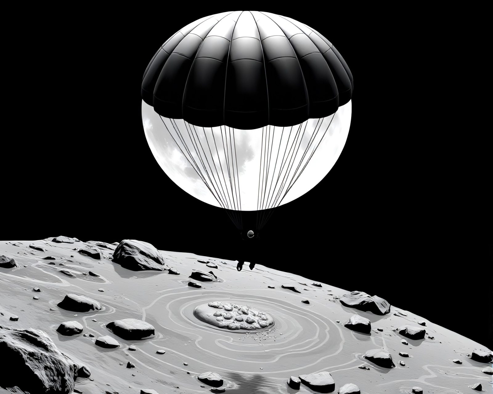 Digital art of parachute jumper in lunar grayscale water