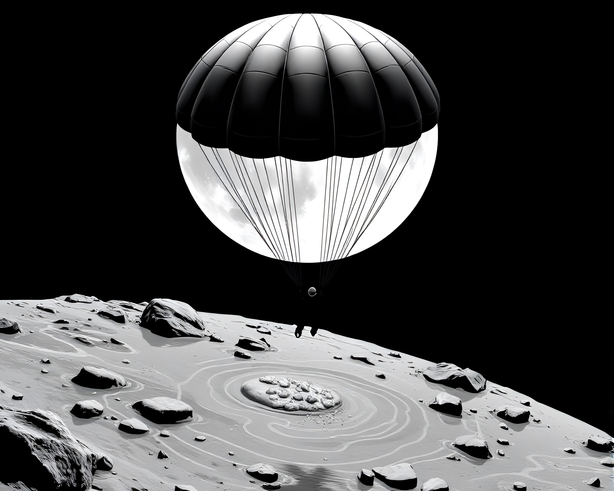 Lunar Parachute Jump in Isometric Water World – free AI stock image