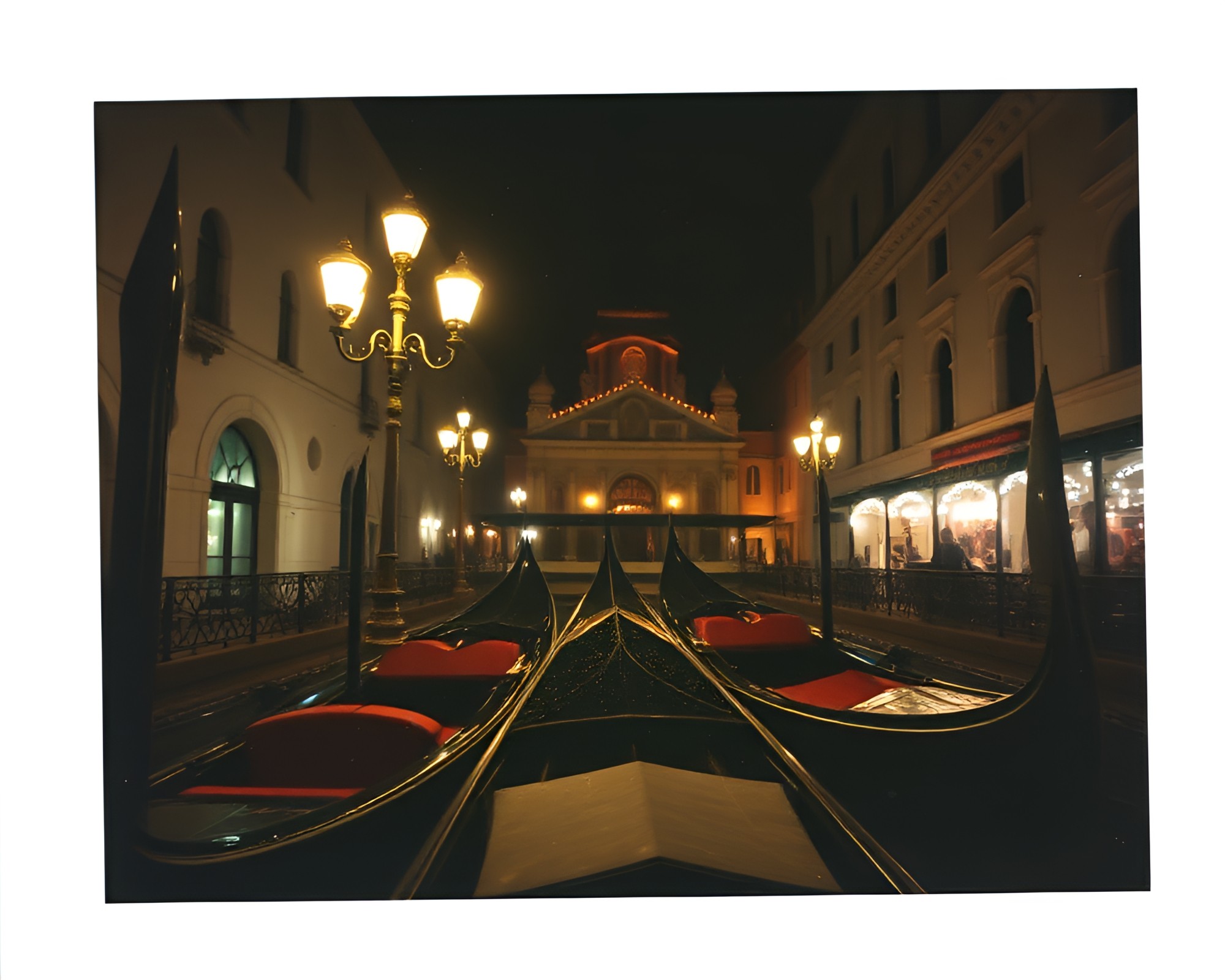 Venetian Gondola in Strobe Light Glow with Dew Drops – free AI stock image