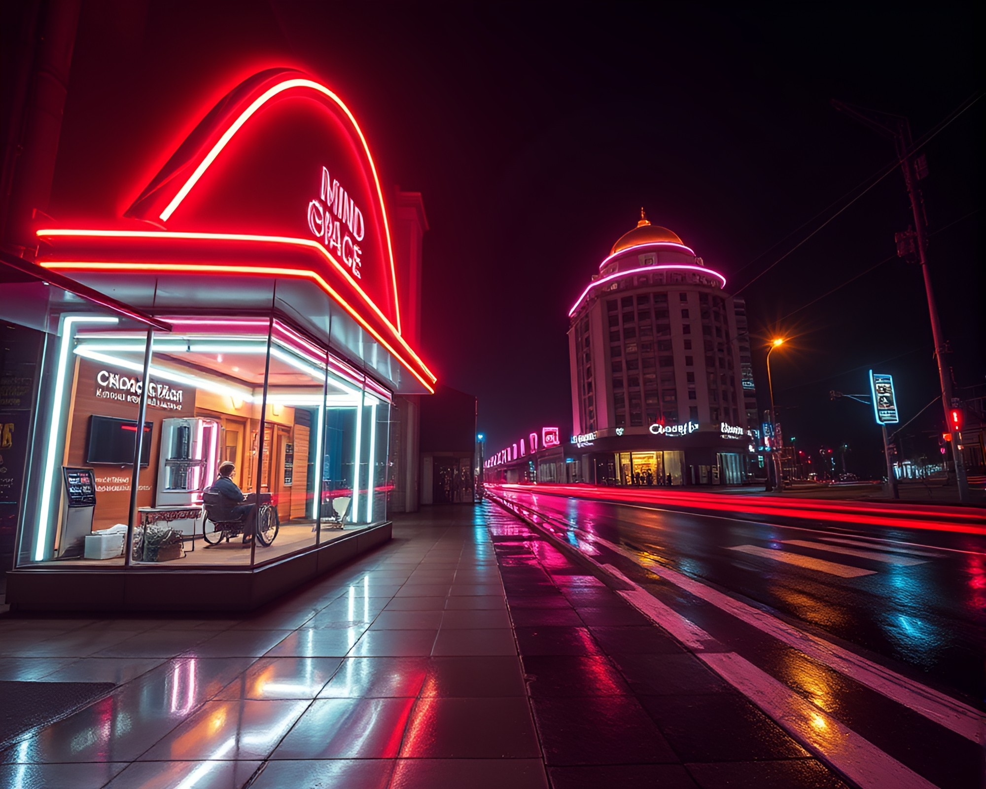 Mind Palace Neon Reflections in Dramatic Chiaroscuro – free AI stock image