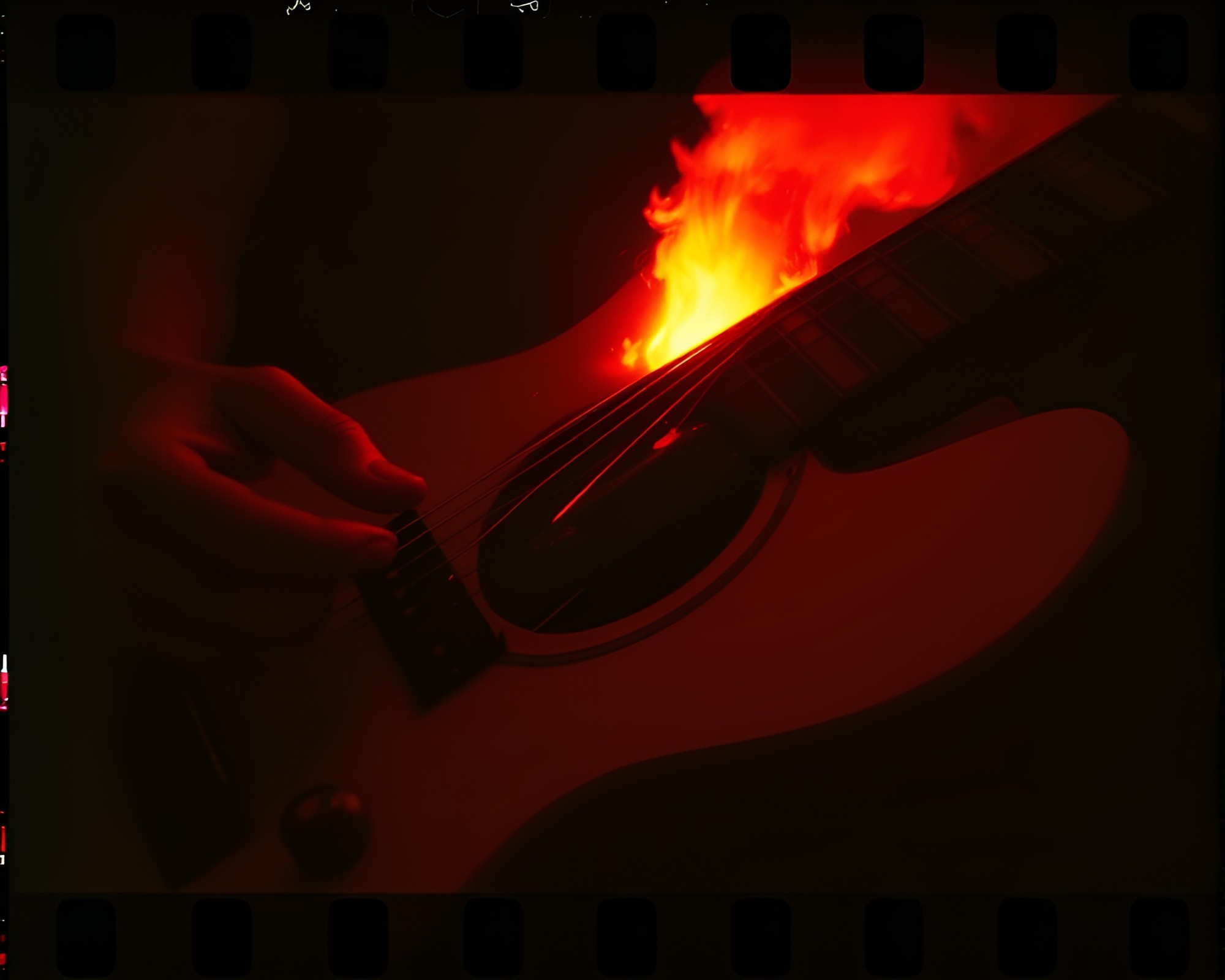 Film Noir Guitar With Volcano Glow – free AI stock image