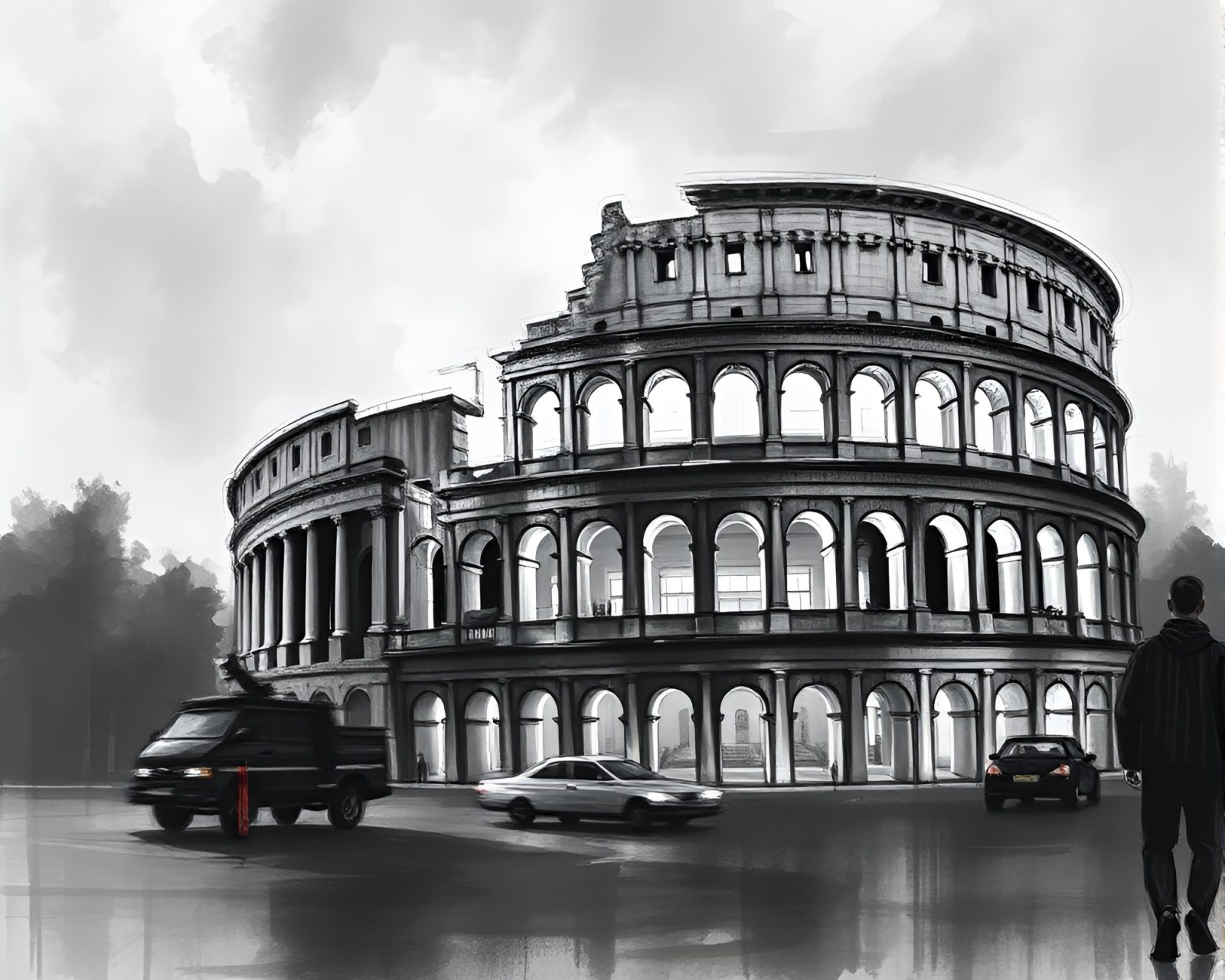 Abstract sketch of Roman amphitheater glowing under neon lights