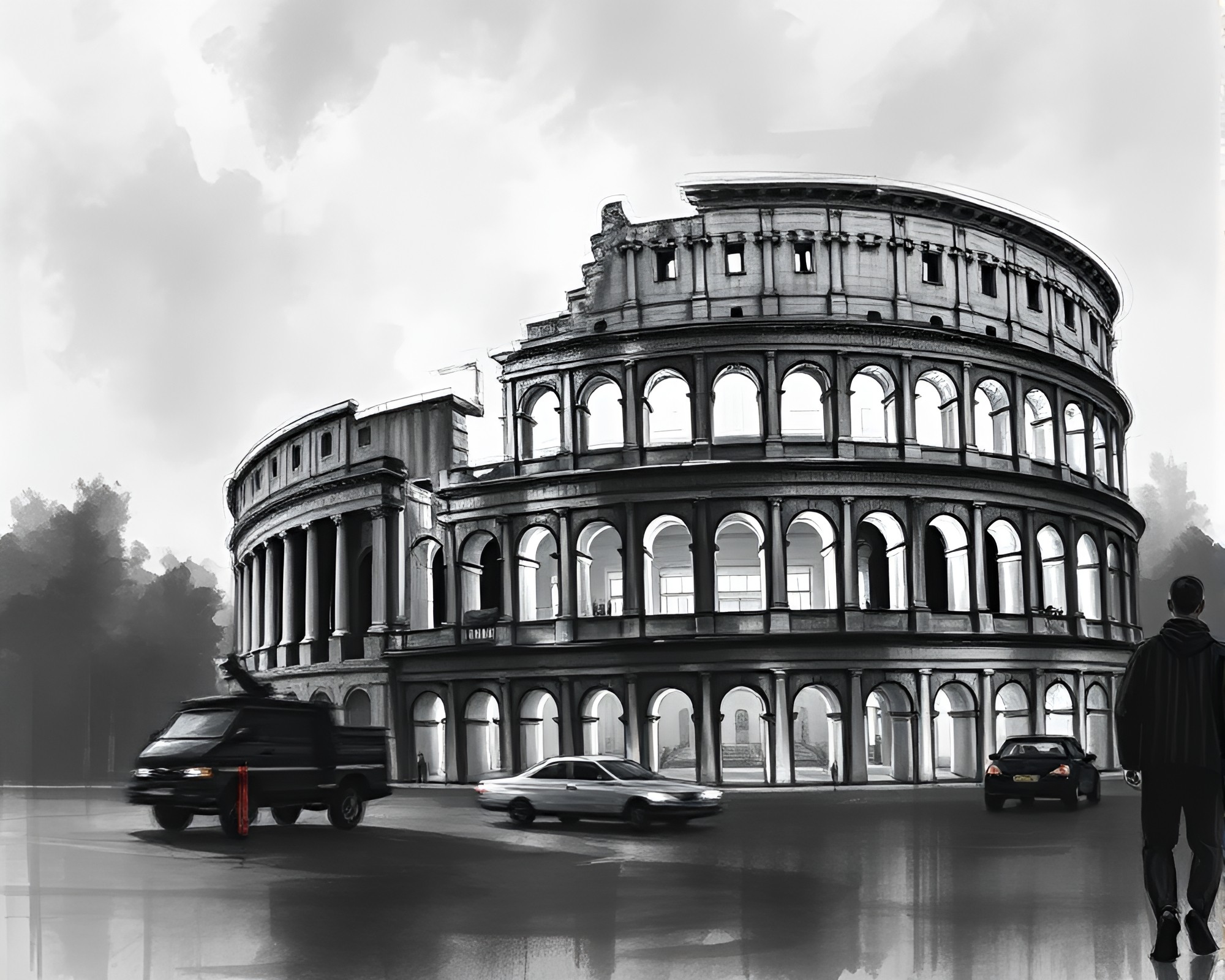 Neon-lit Roman Coliseum in Glass Charcoal Distortion – free AI stock image