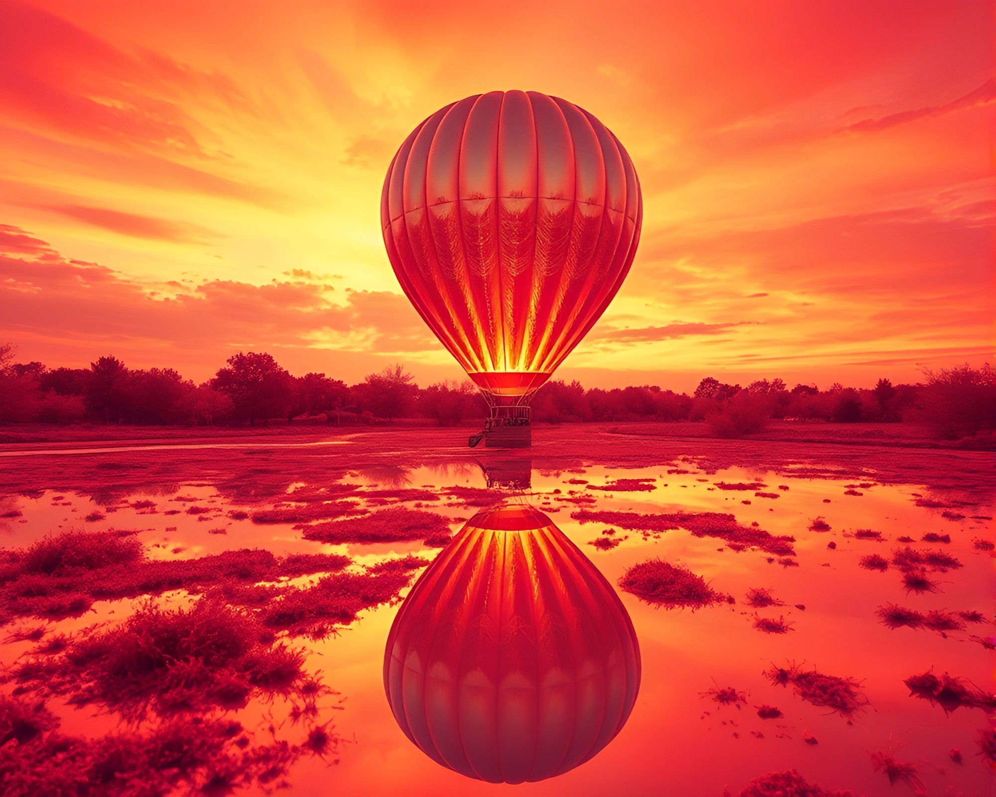 Double Reflection of Hot Air Balloon in Infrared Hues – free AI stock image