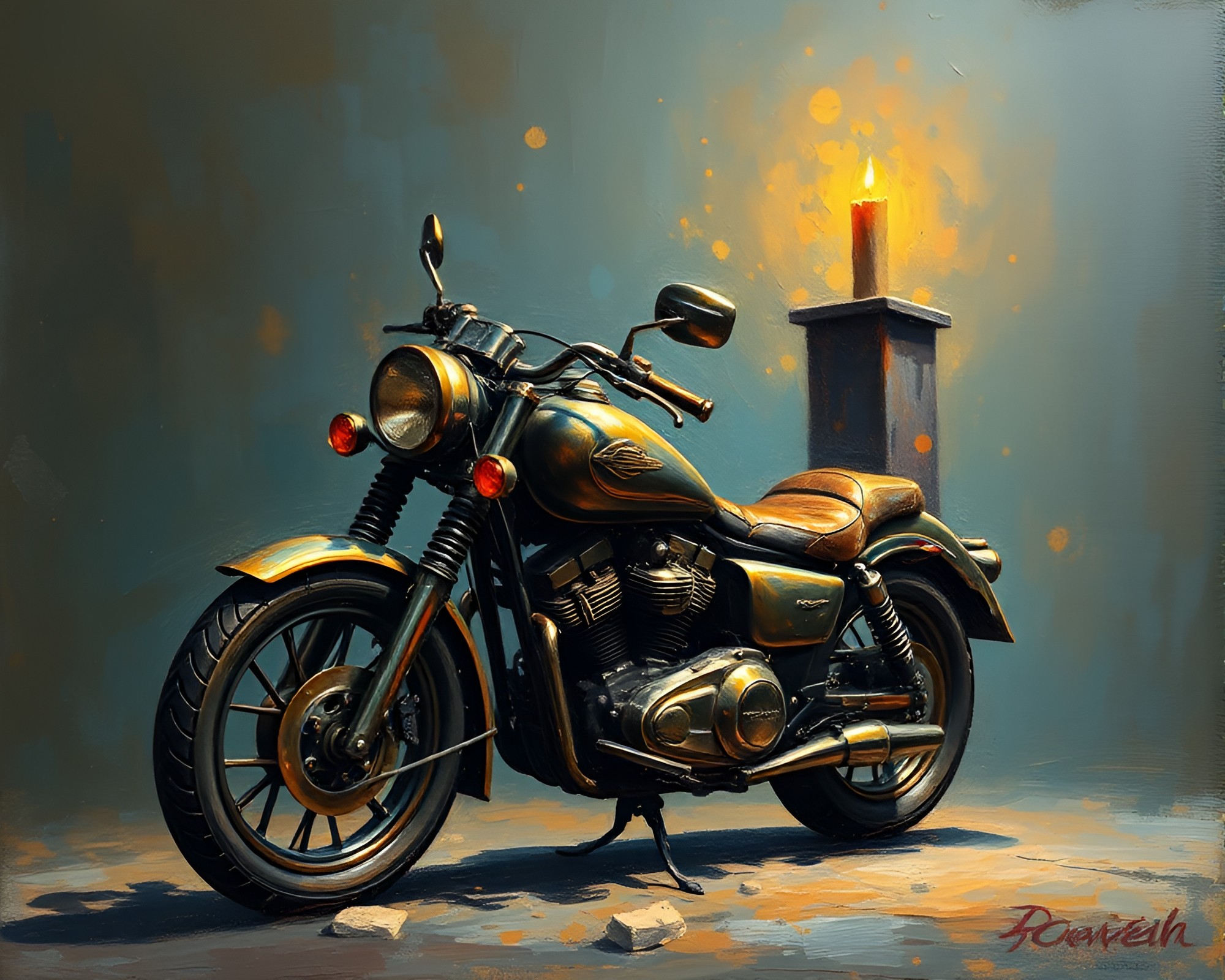 Bronze Motorcycle at Candlelit Church: Palette Knife Art – free AI stock image