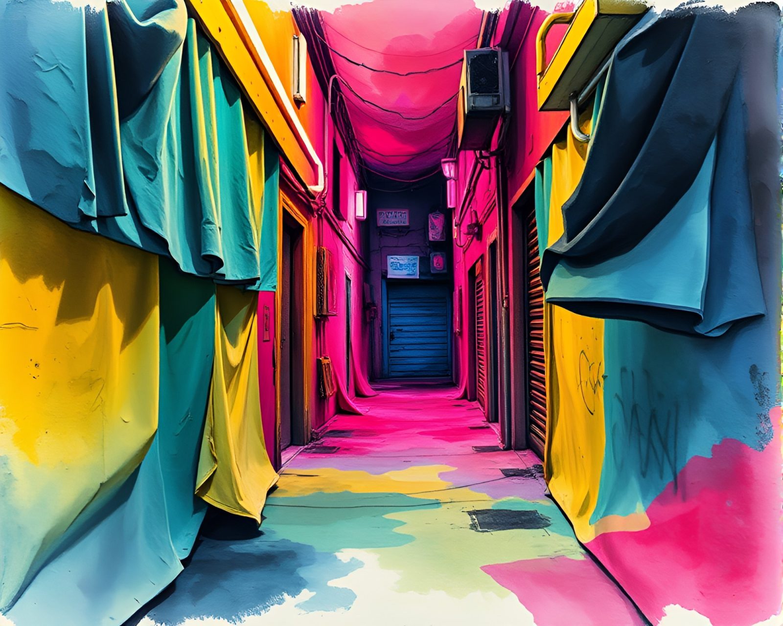 Pastel neon color mix in futuristic alley with fabric drapes