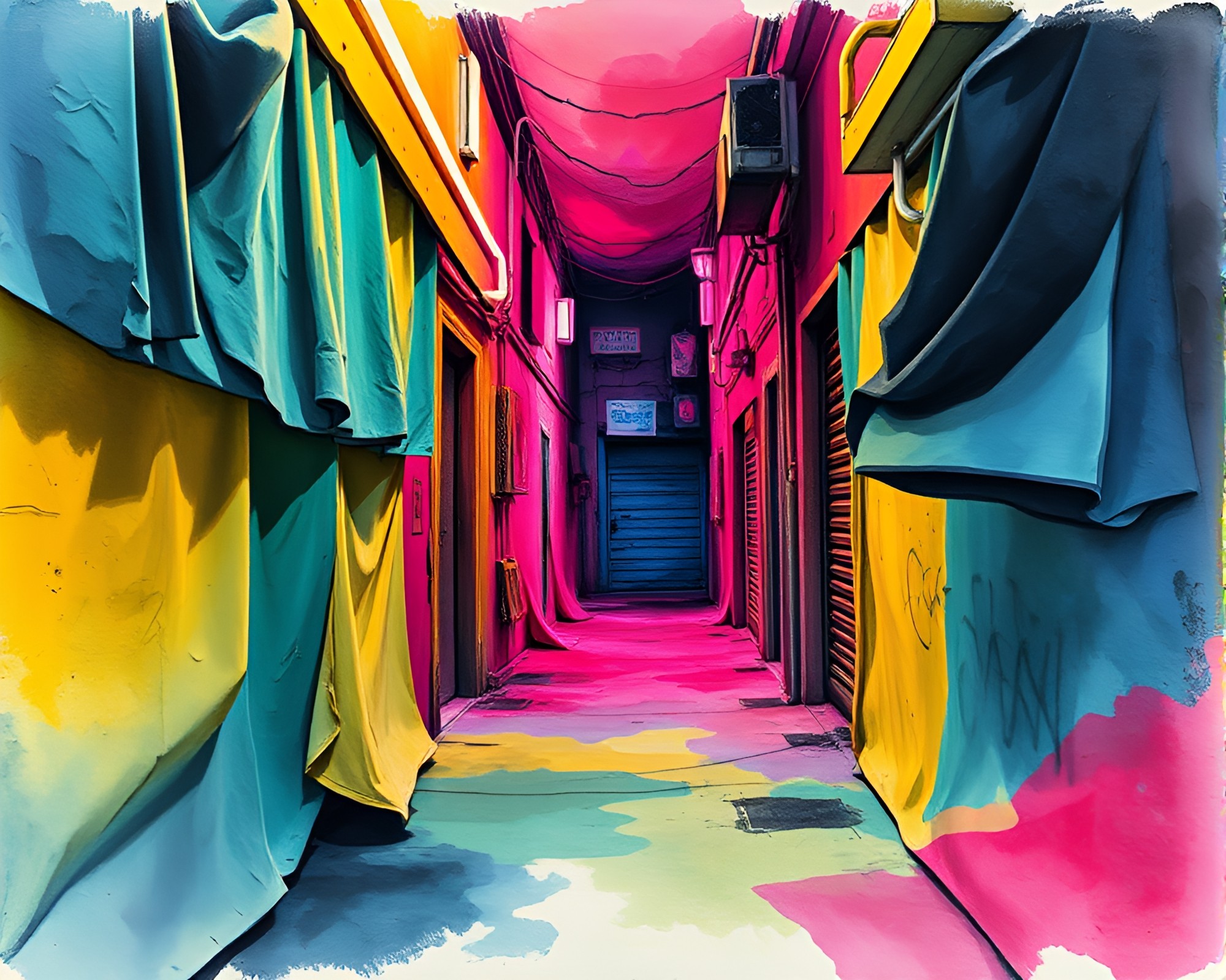 Cyberpunk Neon Alley with Fabric Folds – free AI stock image