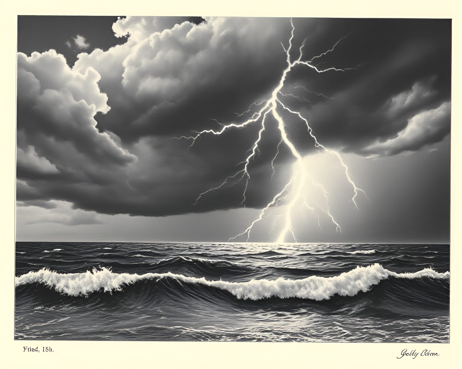 Detailed engraving of thunderstorm above distorted ocean waves