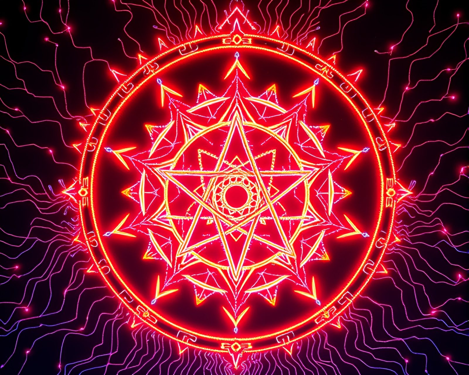 Intricate sigil stitched with glowing fluorescent colors on digital canvas