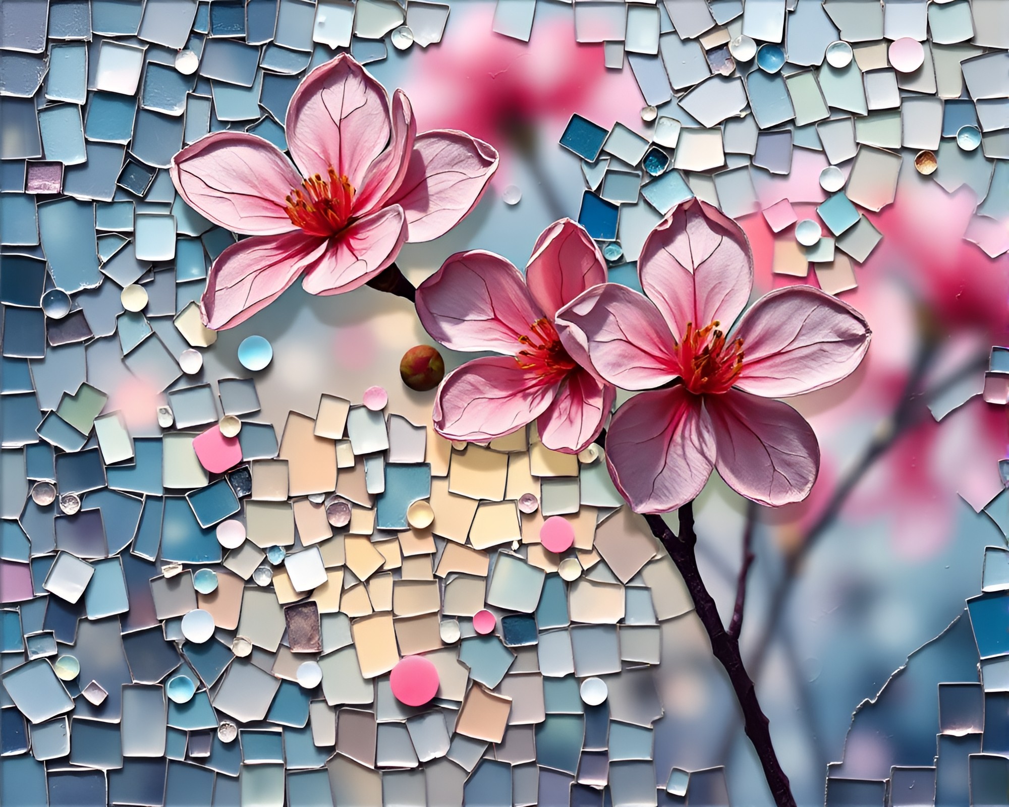 Fragmented Mosaic Blossom: Acid Wash Spring Fantasy – free AI stock image