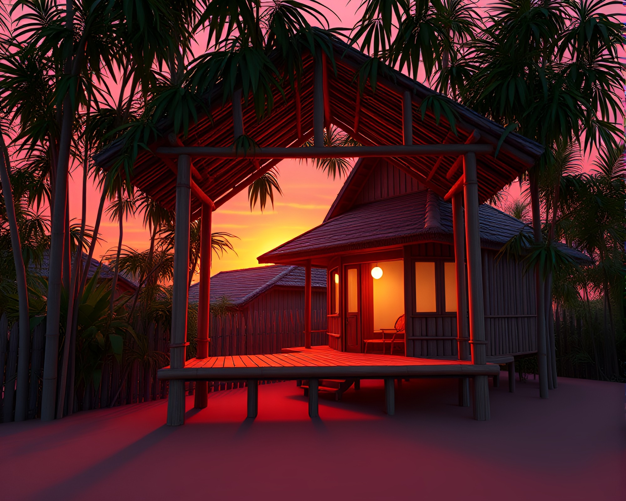 Sunset Bamboo Hut in Low-Poly 3D – free AI stock image