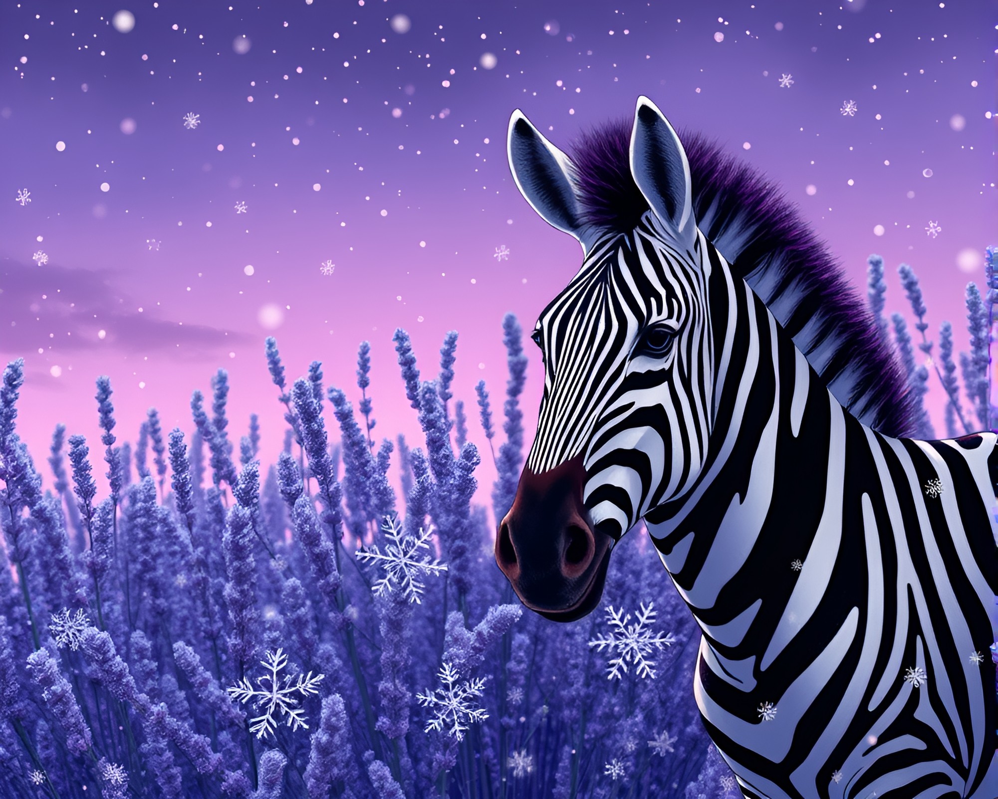 Zebra in Lavender Twilight Surrounded by Manga Snowflakes – free AI stock image