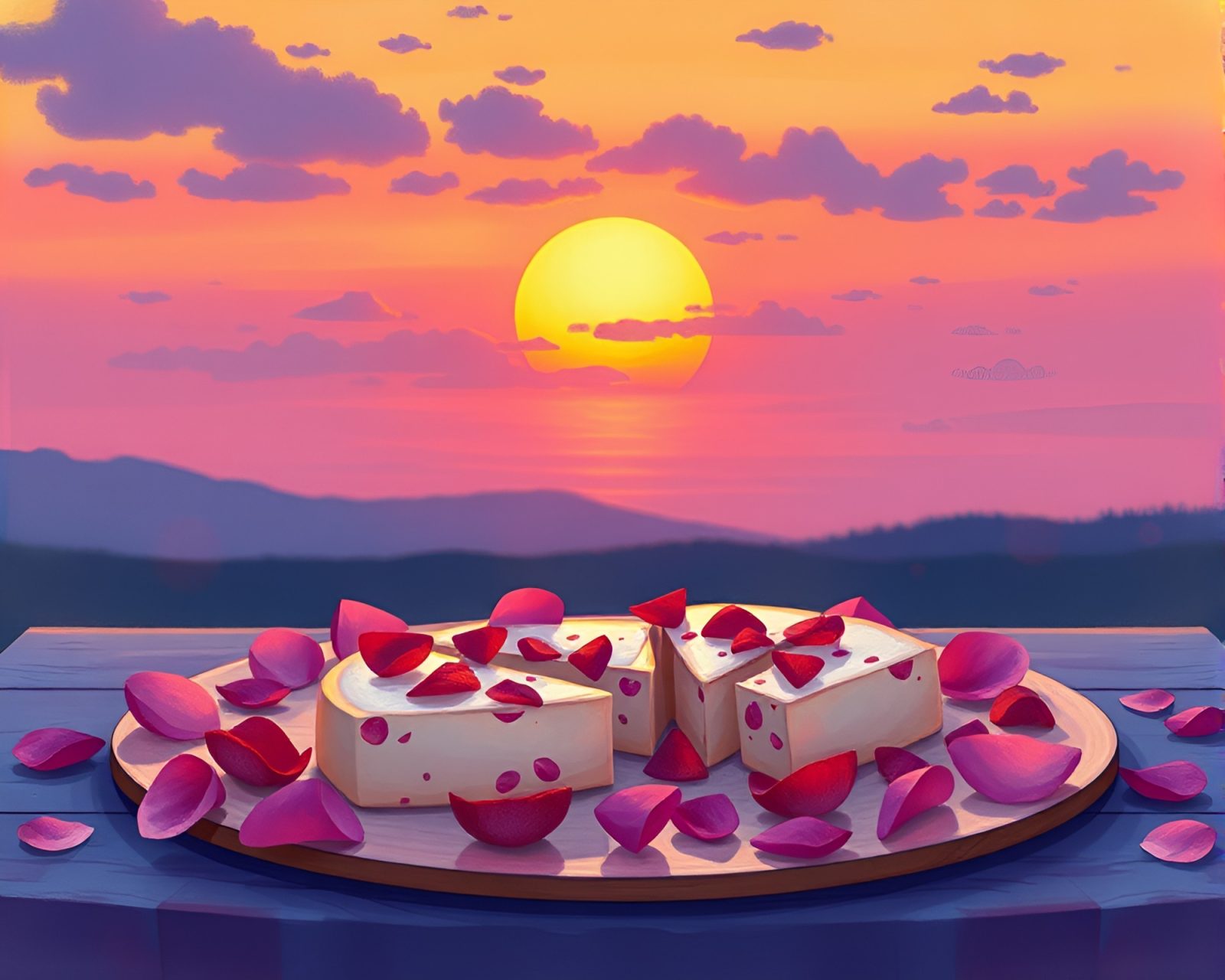 Illustration of a whimsical sunset scene with a cheese platter and flower petals