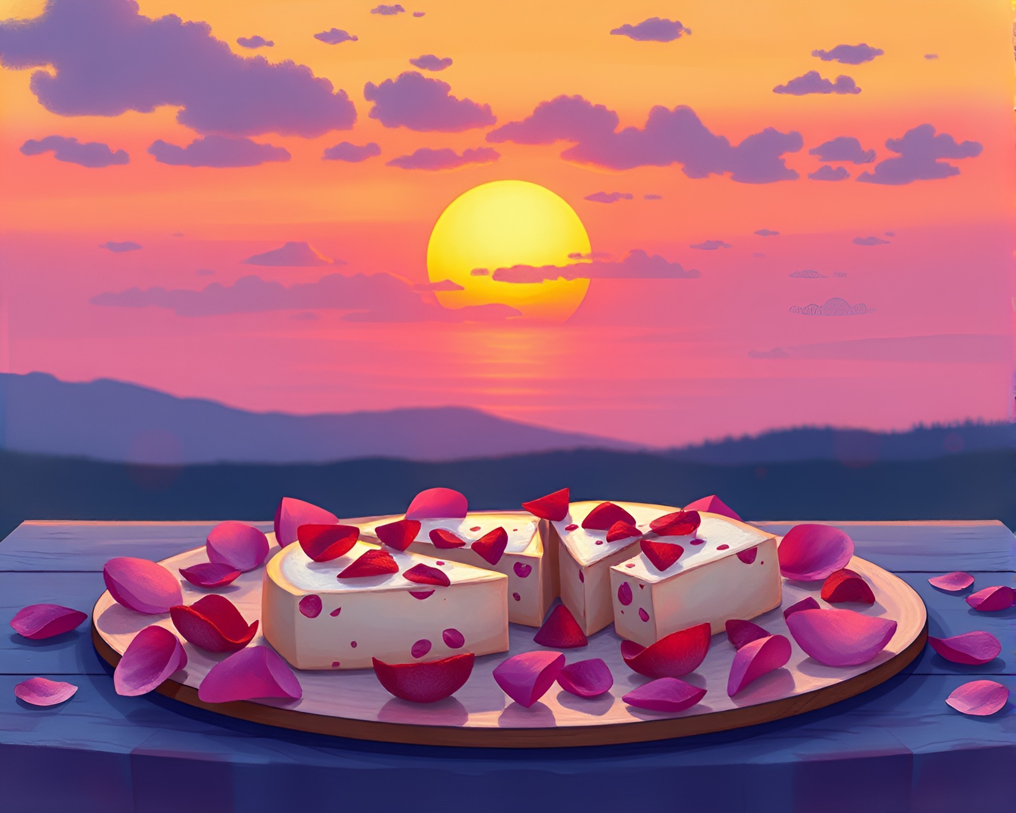 Sunset Cheese Platter with Flower Petal Compositions – free AI stock image