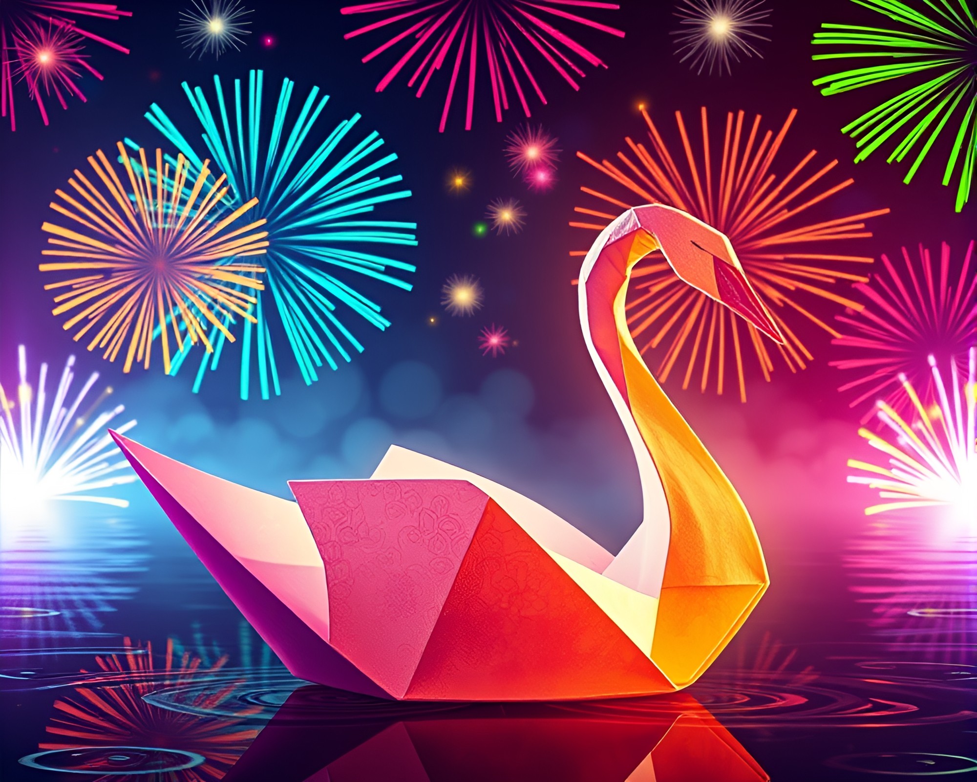 Origami Swan Fireworks Burst Illustration – free AI stock image