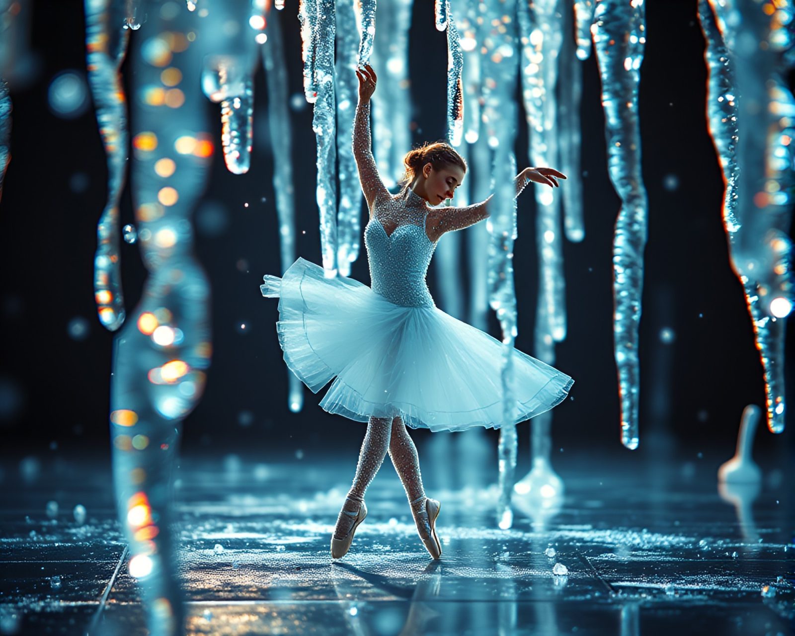 Macro photo of a ballerina surrounded by distorted ice shards