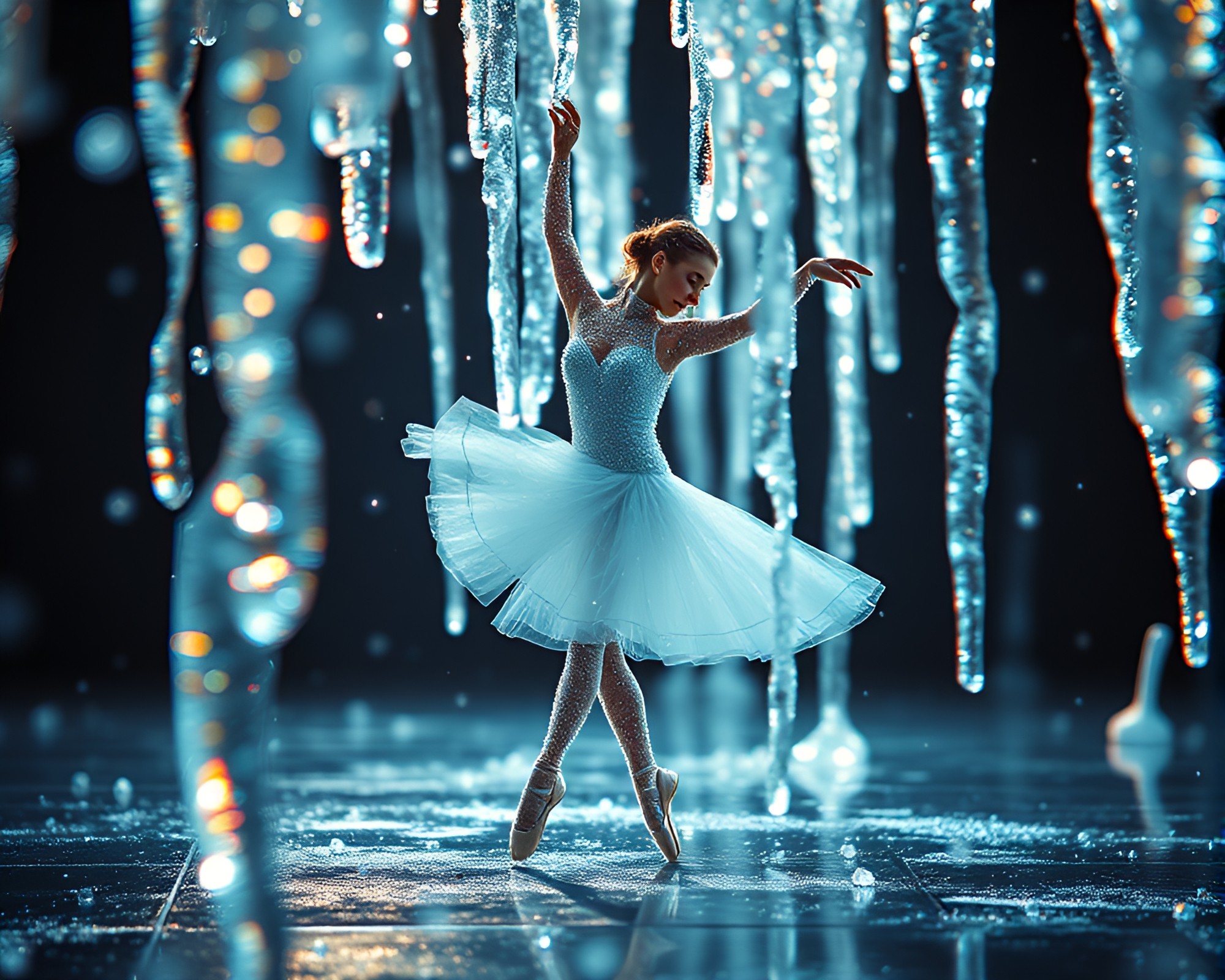 Frozen Ballet: VHS Distorted Ice Crystals – free AI stock image