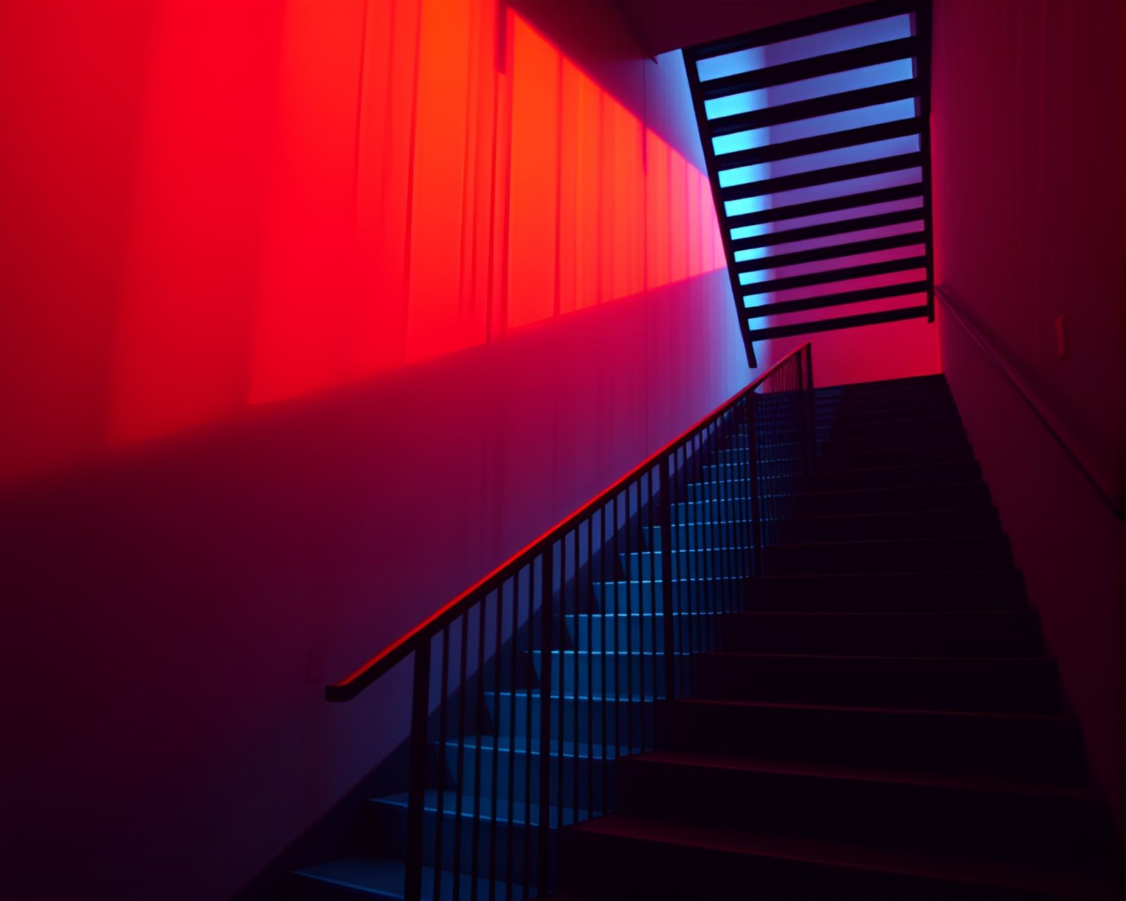 Surreal staircase disappearing into mist with digital scan lines